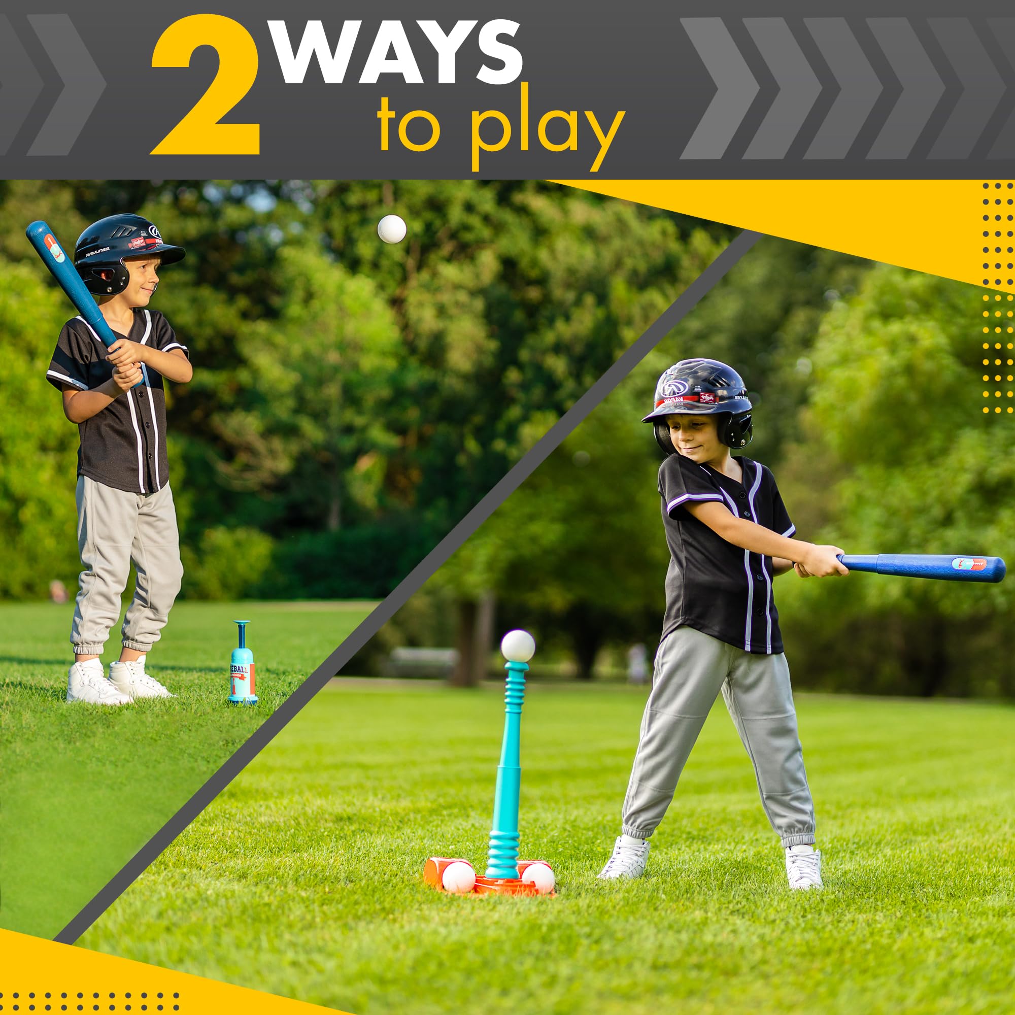 T Ball Stand for Kids and Toddlers 1-3, 3-5, 5-8. Baseball Set Includes 6 Large Balls, an Adjustable Tball Batting Tee, and a Pitching Machine. Kids Bat and Ball, T-Ball Sets for Kids