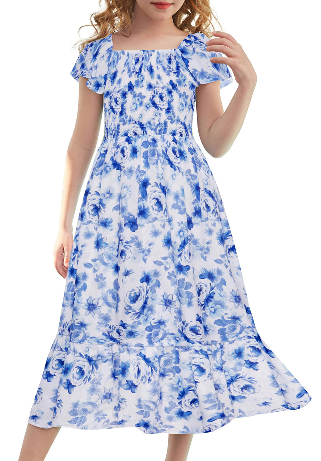 GRACE KARIN Girls Flutter Sleeve Floral Dresses Girl Long Midi Spring Dress Kids Smocked Flare Summer Dress 6-16Y