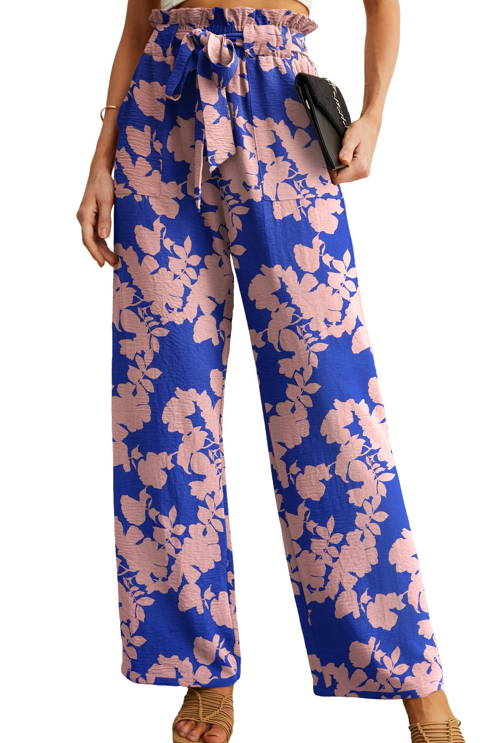 IWOLLENCE Women High Waist Palazzo Pants, Adjustable Knot Ankle Wide Leg Trousers Pockets Beach Vacation Lounge Office