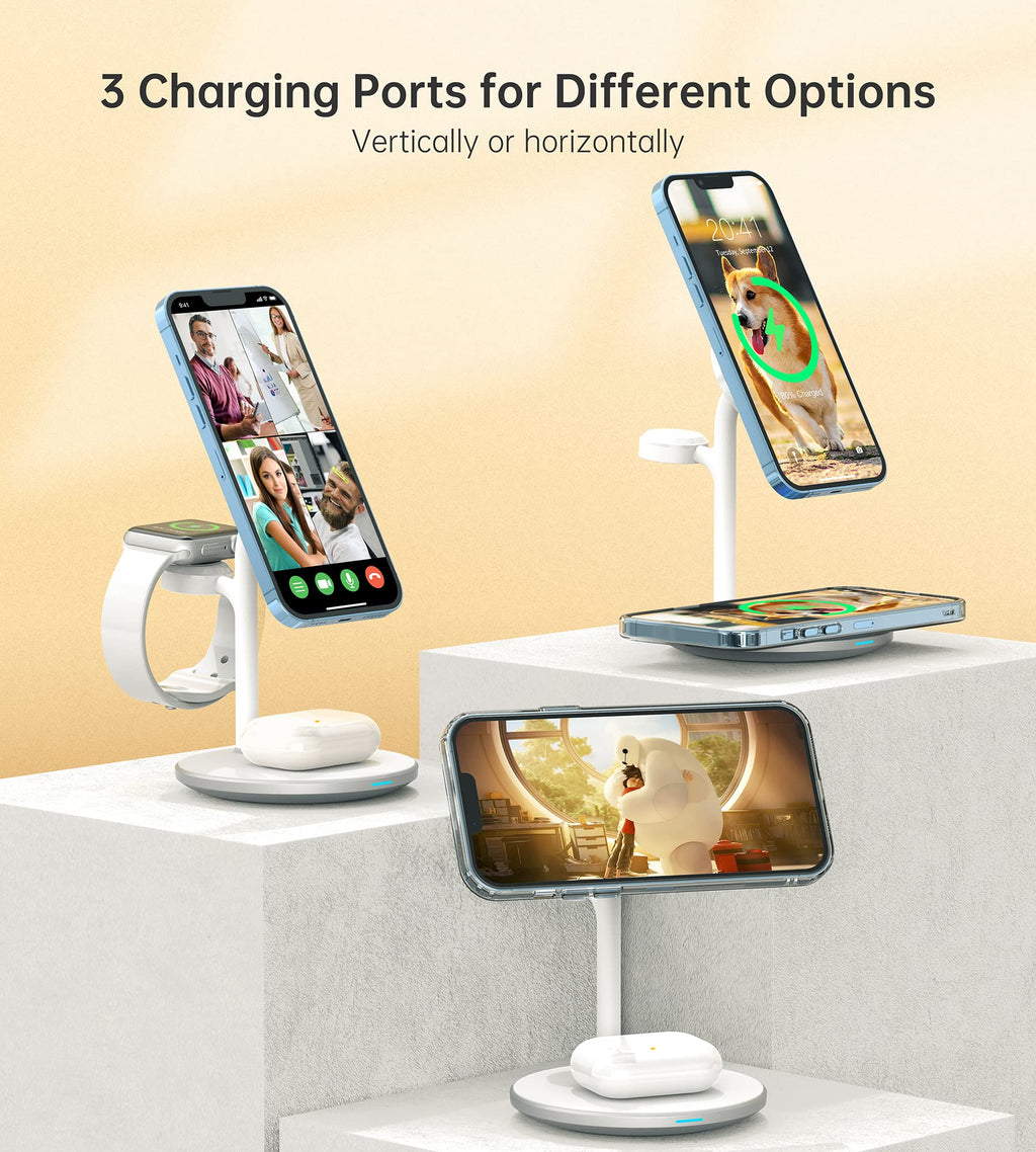 XooFly 3 in 1 Wireless Charging Station for Apple Devices, Fast Wireless Mag-Safe Charger Stand with 20W Adapter for iPhone 17/16 15 14 13 12 Pro Max/Pro/Plus/Air/Mini, iWatch, AirPods (Black)