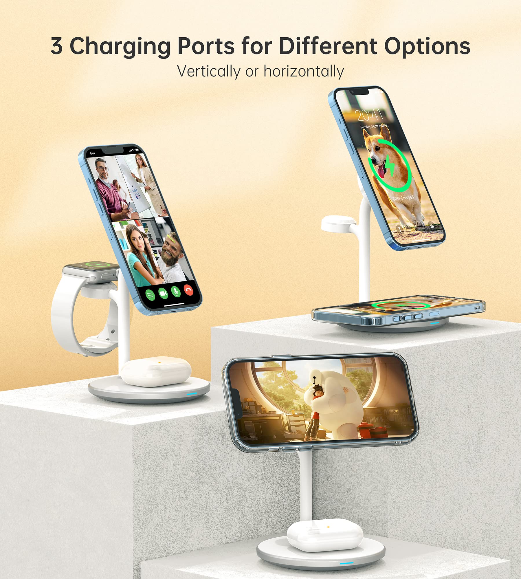 XooFly 3 in 1 Wireless Charging Station for Apple Devices, Fast Wireless Mag-Safe Charger Stand with 20W Adapter for iPhone 17/16 15 14 13 12 Pro Max/Pro/Plus/Air/Mini, iWatch, AirPods (Black)