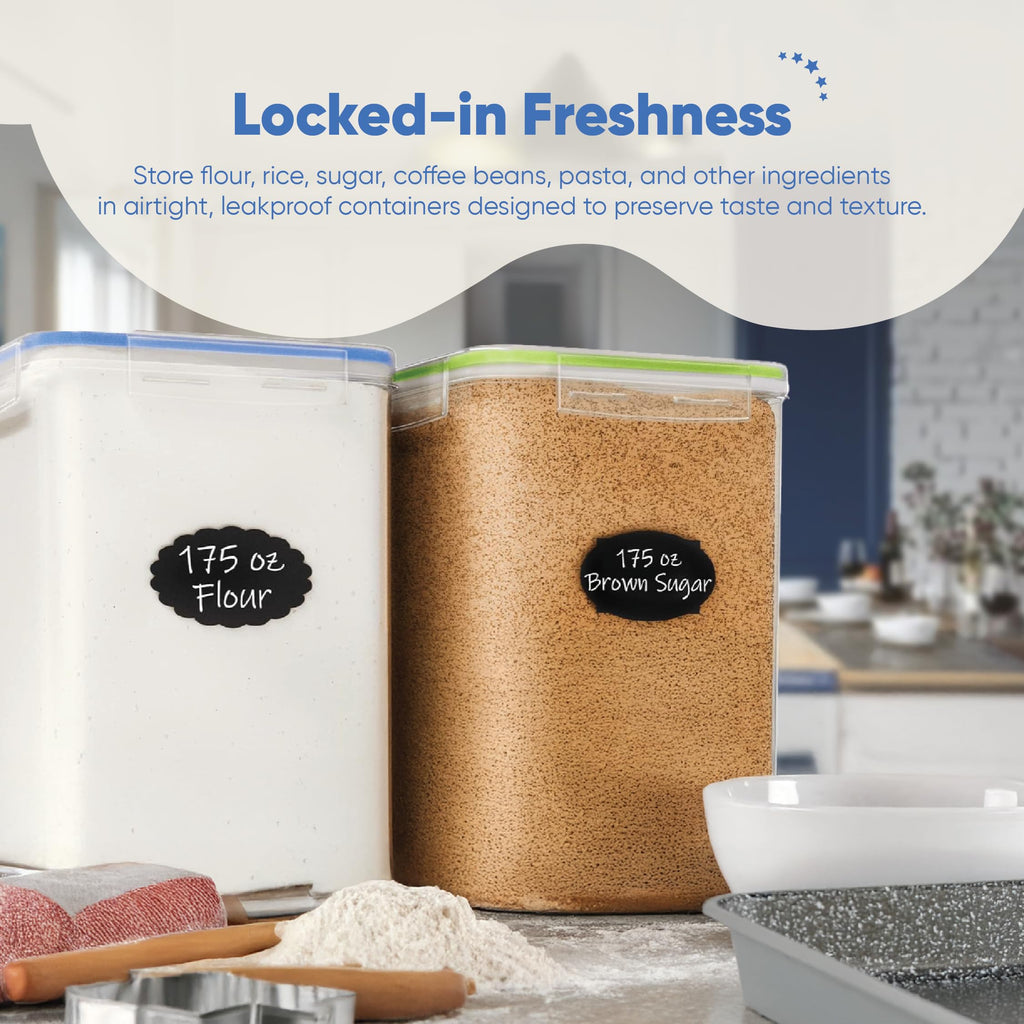 Chef's Path Kitchen Storage Box Set of 4 Extra Large Airtight Food Storage Jars for Sugar Flour Cereal Rice - Measuring Spoons, Pen and Food Preservation Labels (5.2 L)