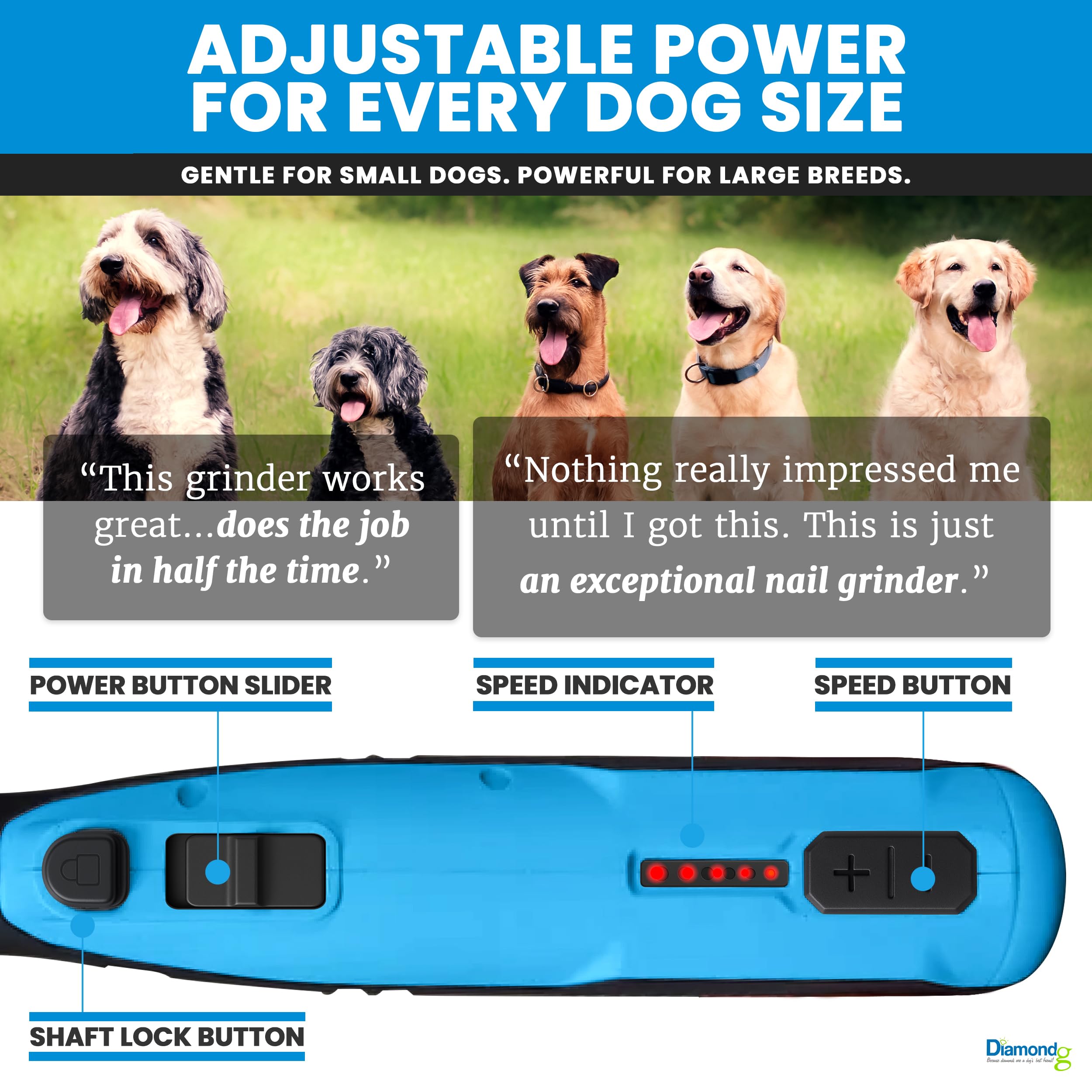 Diamondg Cordless Dog Nail Grinder with Quiet Sound & LED Tip for Large & Small Dogs, 4hrs. Runtime - Electric Dog Nail Trimmer, Heavy Duty Rotary Tool Alternative to Toenail Clippers & Filers