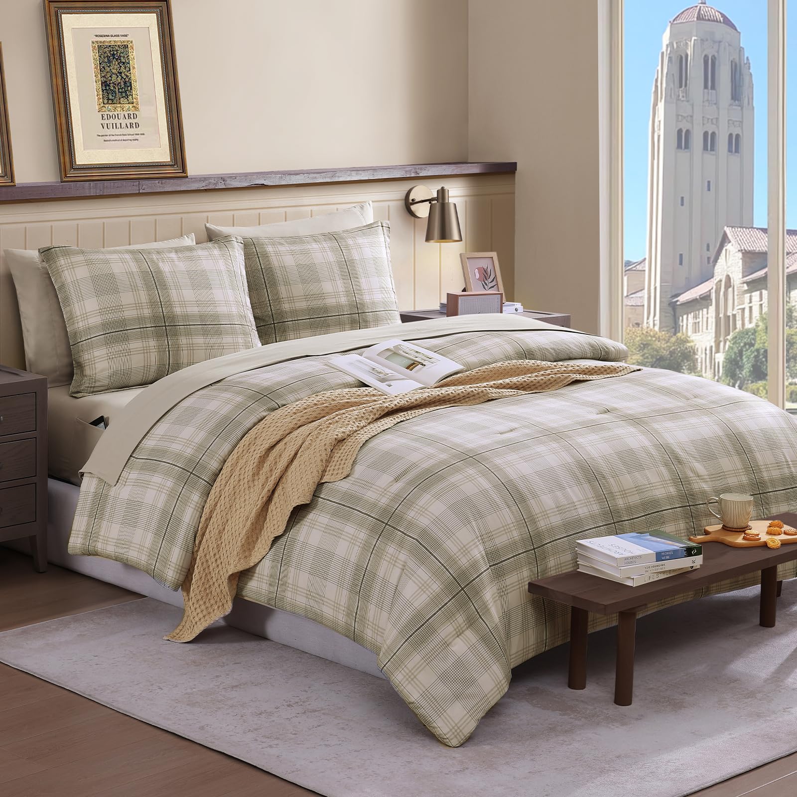 AMBERSPACE Plaid Twin XL Comforter Set Black, Reversible Checkered Bedding Set 5 Pieces for Boys Girls Teen, Lightweight Bed in a Bag for Dorm with Sheets, Pillowcase & Sham