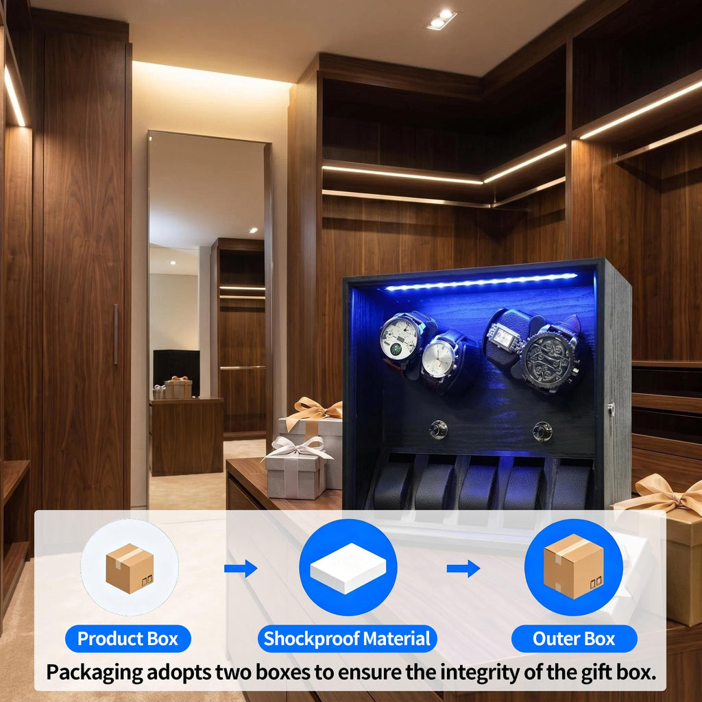 Oryx Watch Winder for 4/6/9 Automatic Watches, Rotating Watch Box 5 Rotation Modes Setting Display Case with Extra Watch Storages and LED Light, Lockable Winders USB Powered Super Quiet Mabuchi Motor
