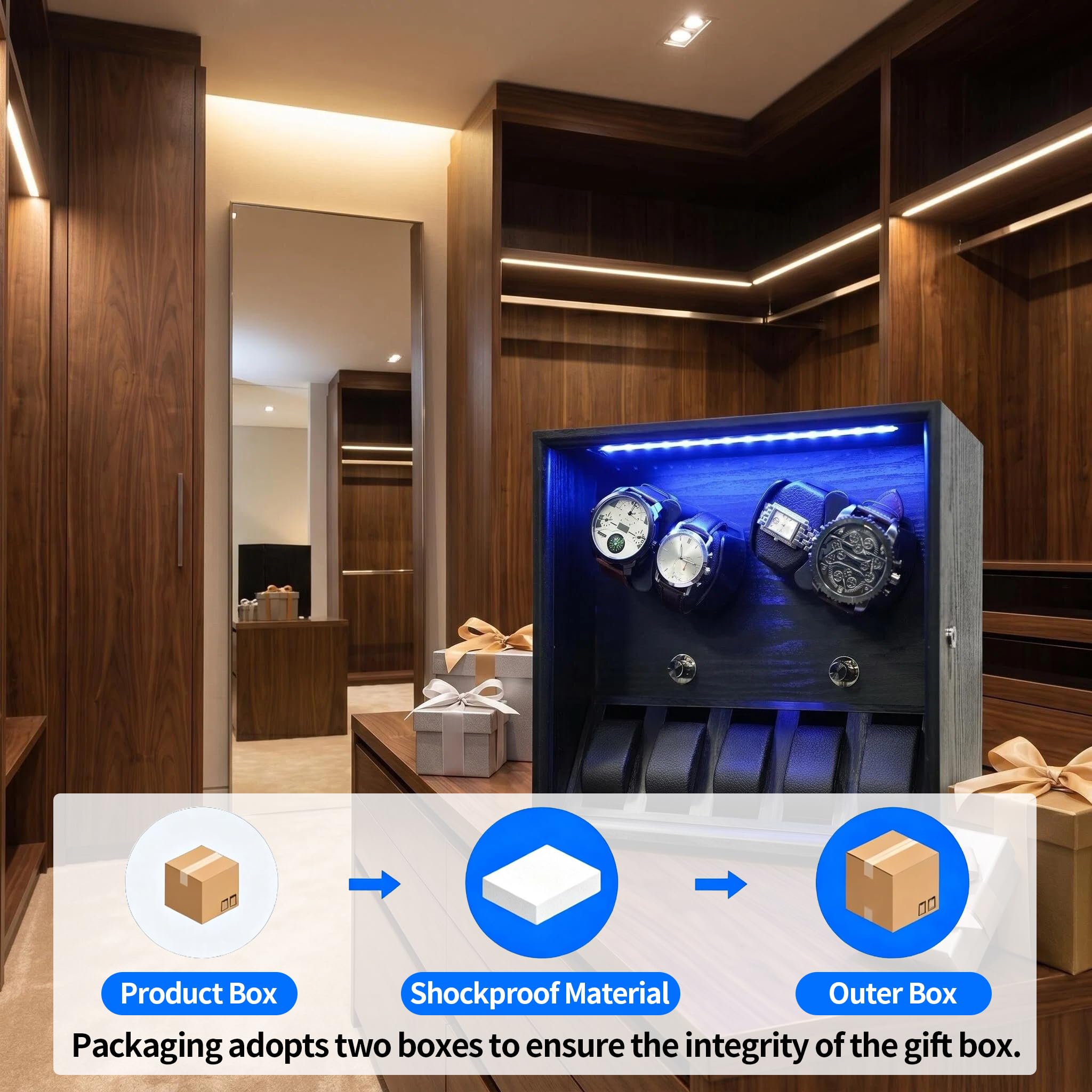 Oryx Watch Winder for 4/6/9 Automatic Watches, Rotating Watch Box 5 Rotation Modes Setting Display Case with Extra Watch Storages and LED Light, Lockable Winders USB Powered Super Quiet Mabuchi Motor