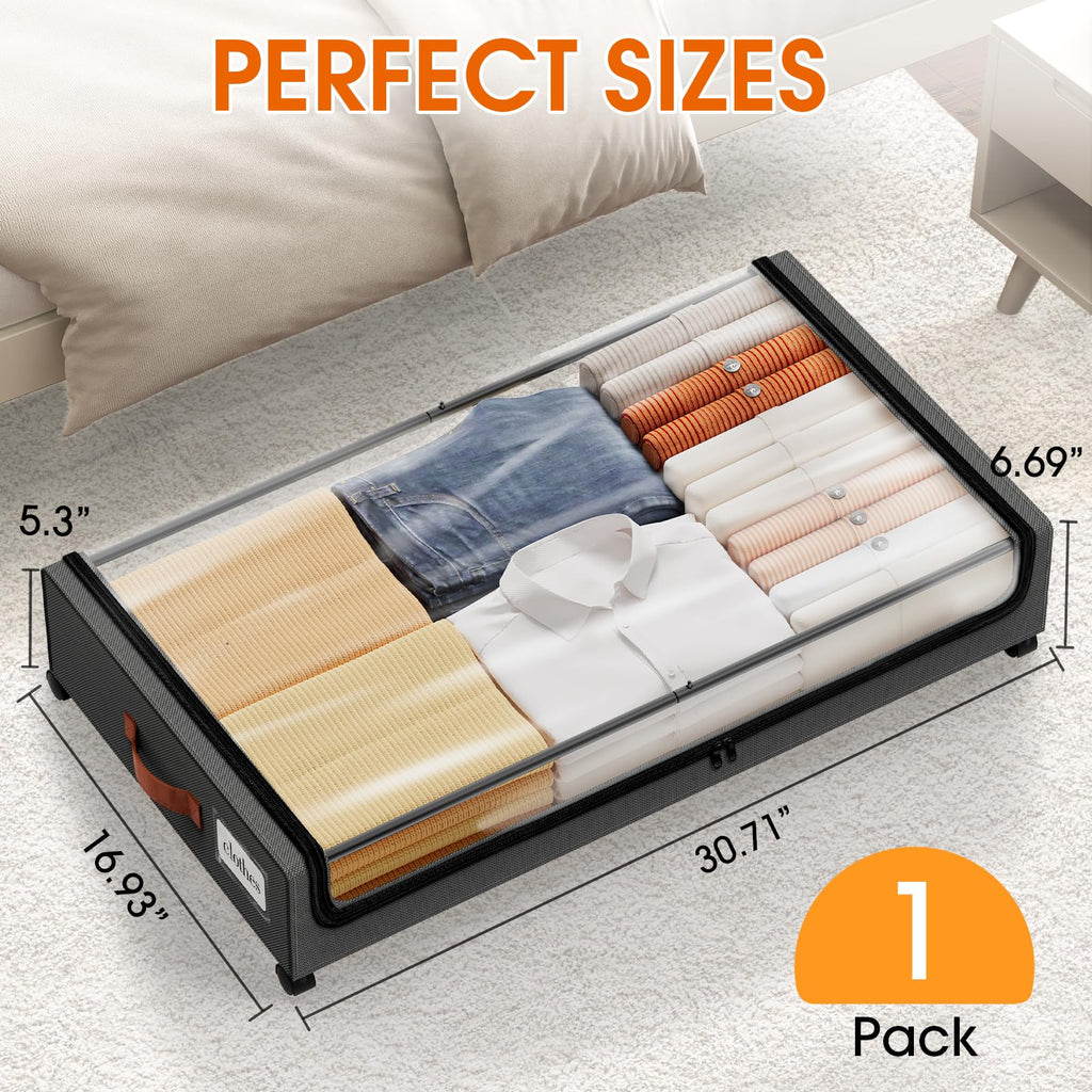SpaceHacks Under Bed Storage with Wheels 1Pack Underbed Storage with Clear Window&Label Under Bed Drawers Large Capacity Rolling Under Bed Storage for Clothes,Shoes, Blankets (Beige)