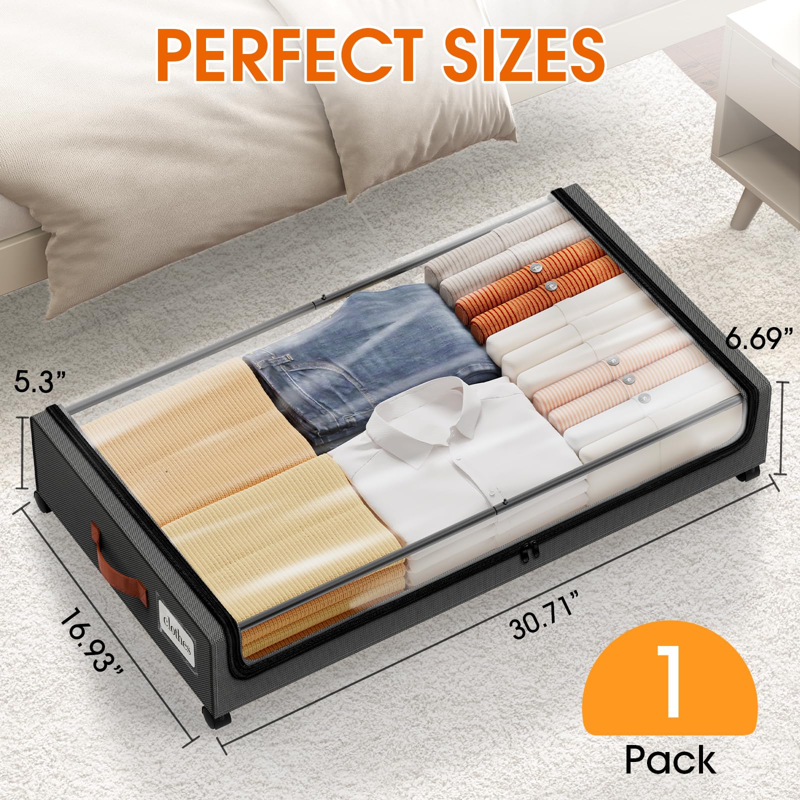 SpaceHacks Under Bed Storage with Wheels 1Pack Underbed Storage with Clear Window&Label Under Bed Drawers Large Capacity Rolling Under Bed Storage for Clothes,Shoes, Blankets (Beige)