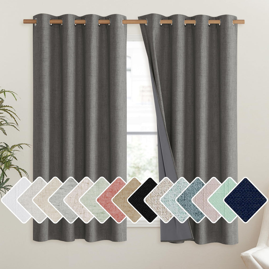 NICETOWN Linen Blackout Curtains for Kitchen, Beige, 2 Panels, 34" Wide x 48" Long, Short Kitchen Burlap Linen 100% Blackout Drape Panels for Night Shift, Great Job for Blocking Light