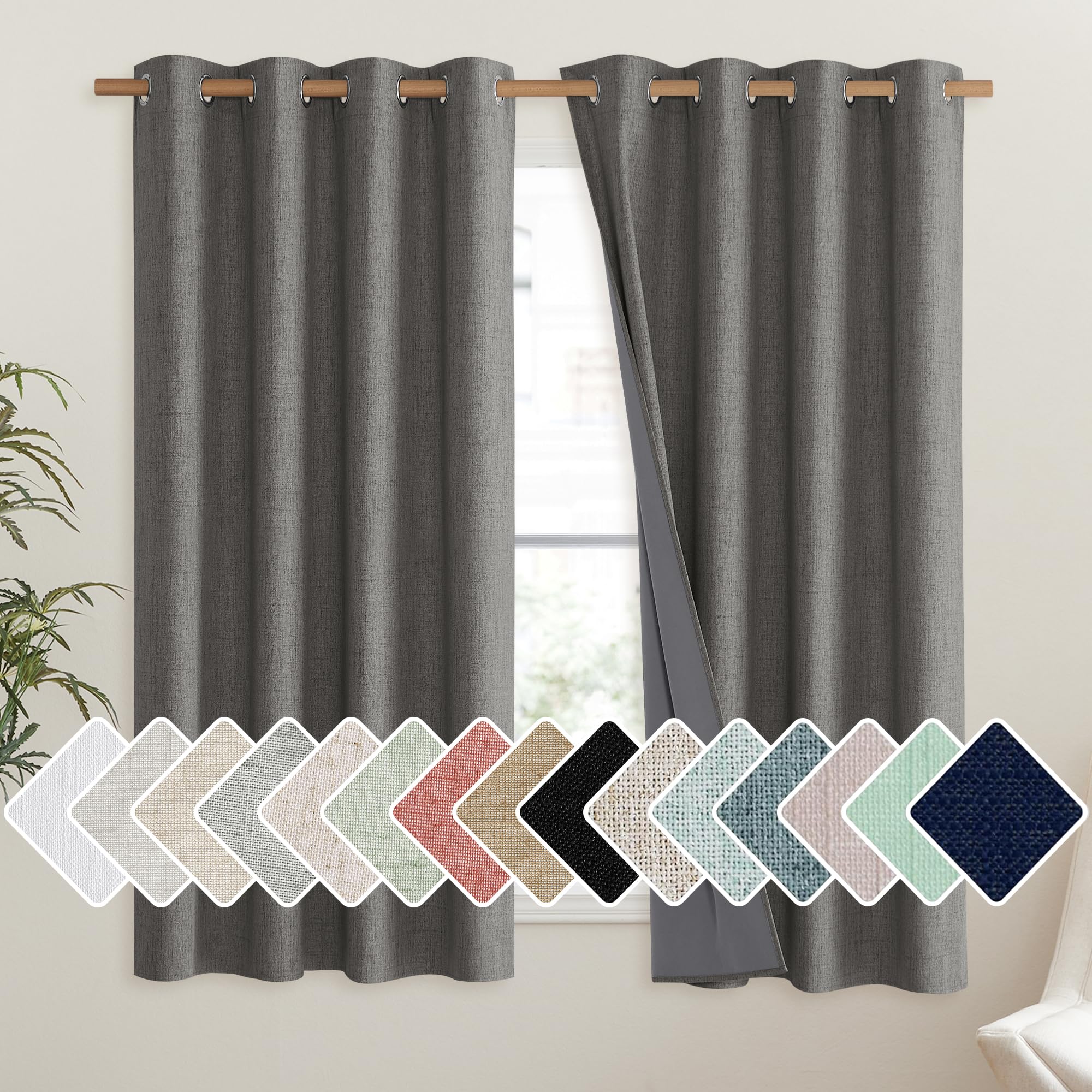 NICETOWN Linen Blackout Curtains for Kitchen, Beige, 2 Panels, 34" Wide x 48" Long, Short Kitchen Burlap Linen 100% Blackout Drape Panels for Night Shift, Great Job for Blocking Light