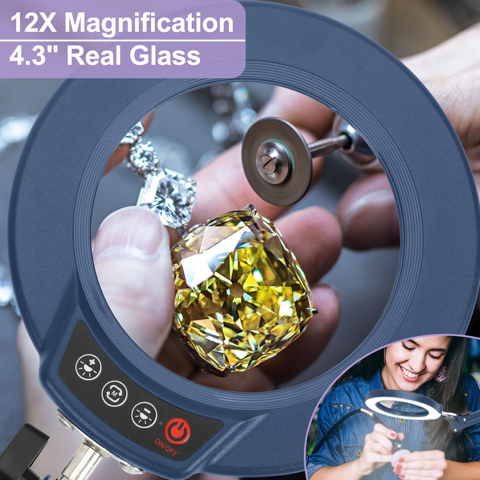 12X Magnifying Glass with Light and Stand, Real Glass, 5 Color Modes, Brightness Stepless Dimmable Lighted Magnifier Hands Free, 2-in-1 Desk Lamp & Clamp Light, Magnifier Lamp for Close Work, Reading