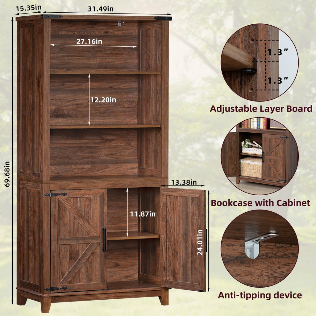 Joaxswe 70in Tall Bookshelf 5 Tier Bookcase with Barn Doors and Adjustable Shelves, Black Farmhouse Book Shelf with Storage Cabinet, Wood Freestanding Display Bookshelves for Bedroom, Living Room
