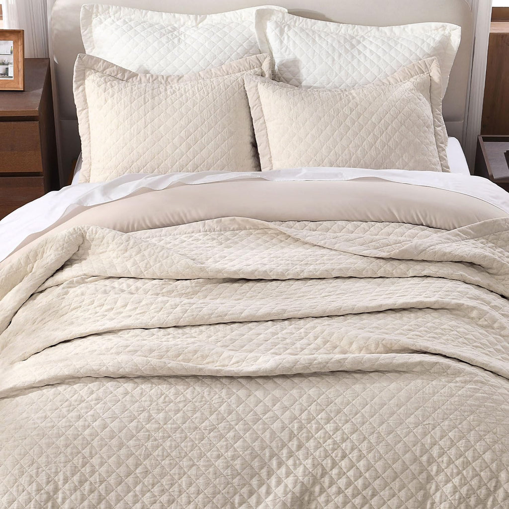Grassix Linen Quilt Set Queen Size 3-Piece, 100% Linen Front & Cotton Back, Prewashed Diamond Stitch Bedspread with 2 Shams, Lightweight Breathable Quilt for Hot Sleepers, Modern Farmhouse Bedding