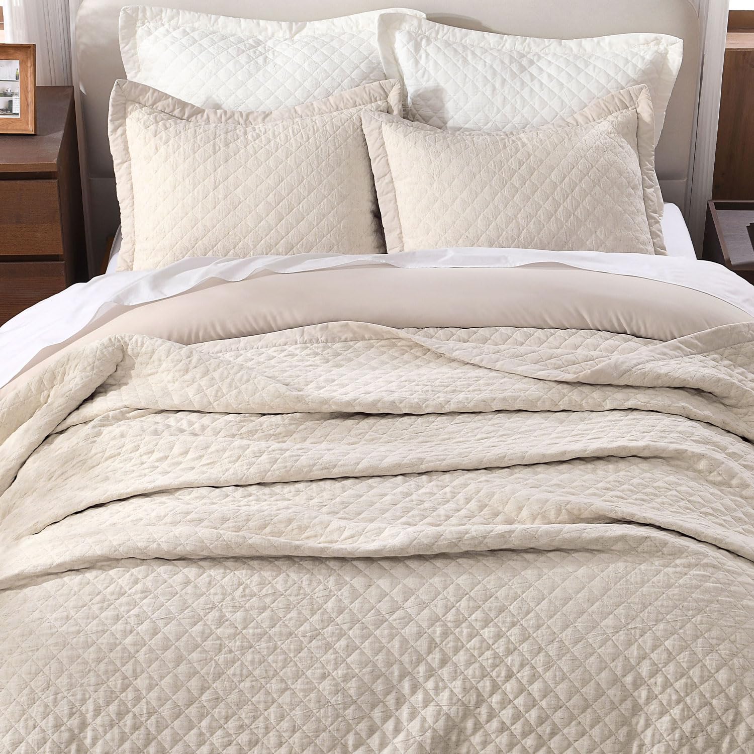 Grassix Linen Quilt Set Queen Size 3-Piece, 100% Linen Front & Cotton Back, Prewashed Diamond Stitch Bedspread with 2 Shams, Lightweight Breathable Quilt for Hot Sleepers, Modern Farmhouse Bedding