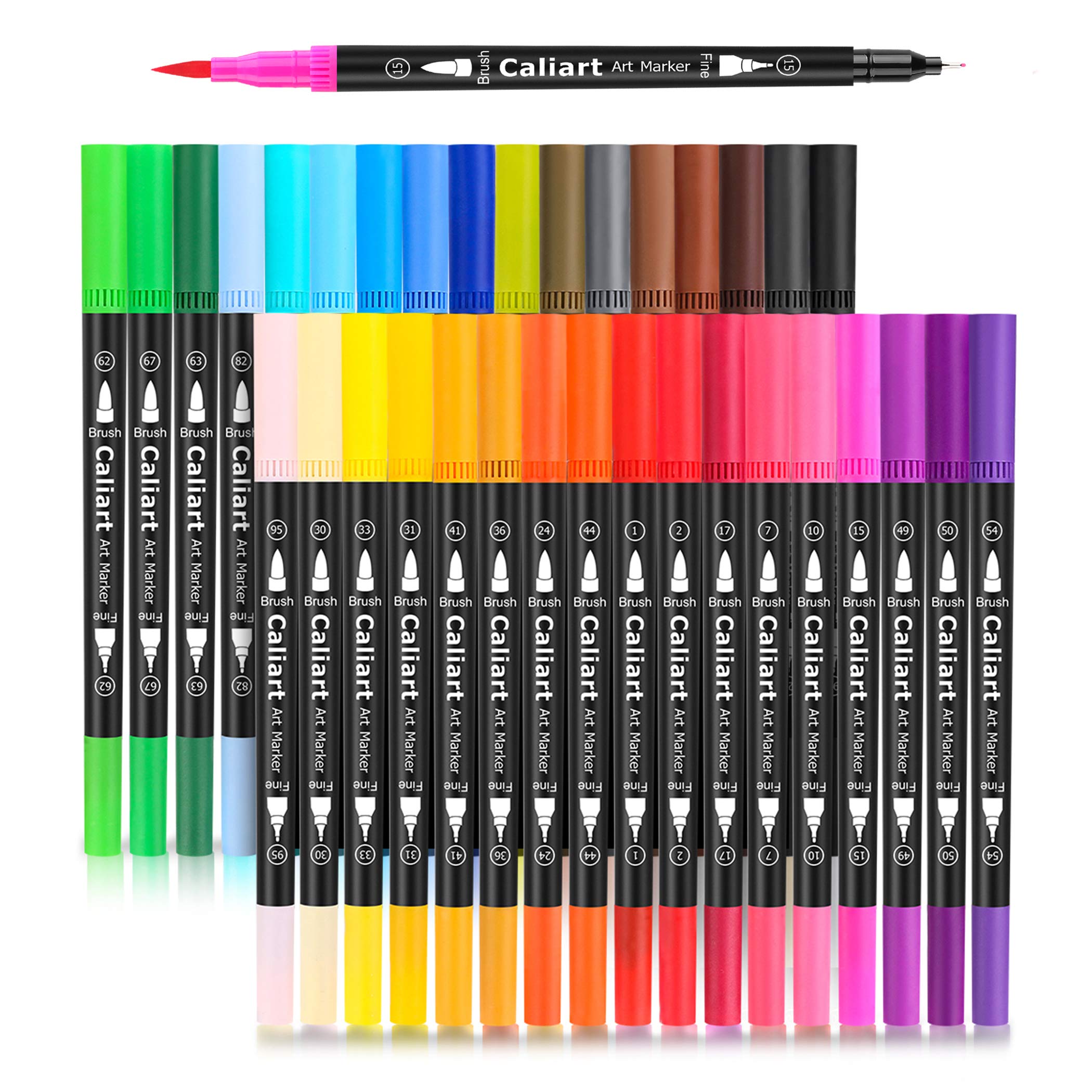 Caliart 34 Double Tip Brush Pens Art Markers, Artist Fine & Brush Markers for Adult Coloring Books Journaling Calligraphy Lettering Planners Cards Drawing Craft Kit Teacher Office Supplies