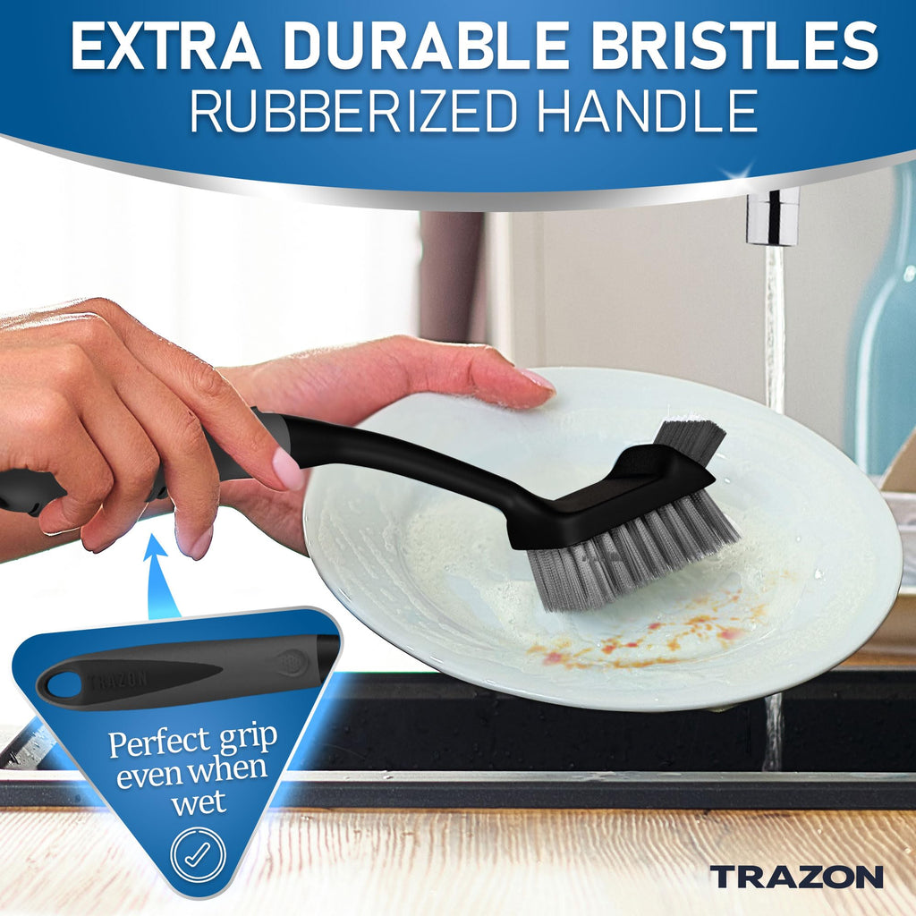 Dish Brush Set of 5 with Holder - Kitchen Scrub Brushes with Non-Slip Long Handle for Cleaning, Scrubber, Dishwashing, Dishes, Bottles, Straws, Cups, Pots & Sink, Baige