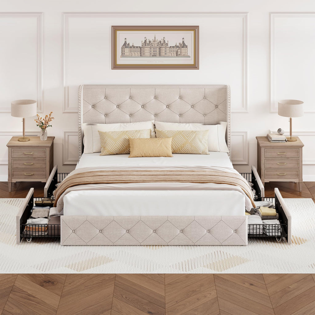 BRELTAM Full Size Bed Frame with Storage Drawers and Wingback Headboard Linen Upholstered Platform Bed Frame Tufted Beds with Heavy Duty Wood Slats, Noise Free, Easy Assembly, Beige