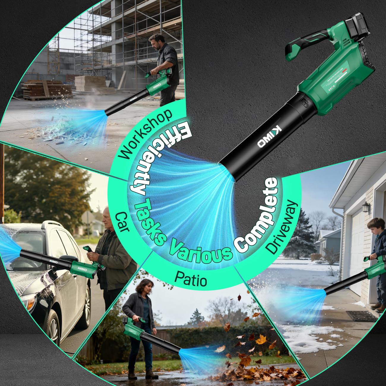 KIMO Leaf Blower Cordless with Battery and Charger, 540CFM/220MPH, Precision Adjustment Handle, 3Speeds w/ Visual Panel, Lightweight, 2 Extended Tube, 2* 2.0 Battery Powered Leaf Blowers for Lawn Care