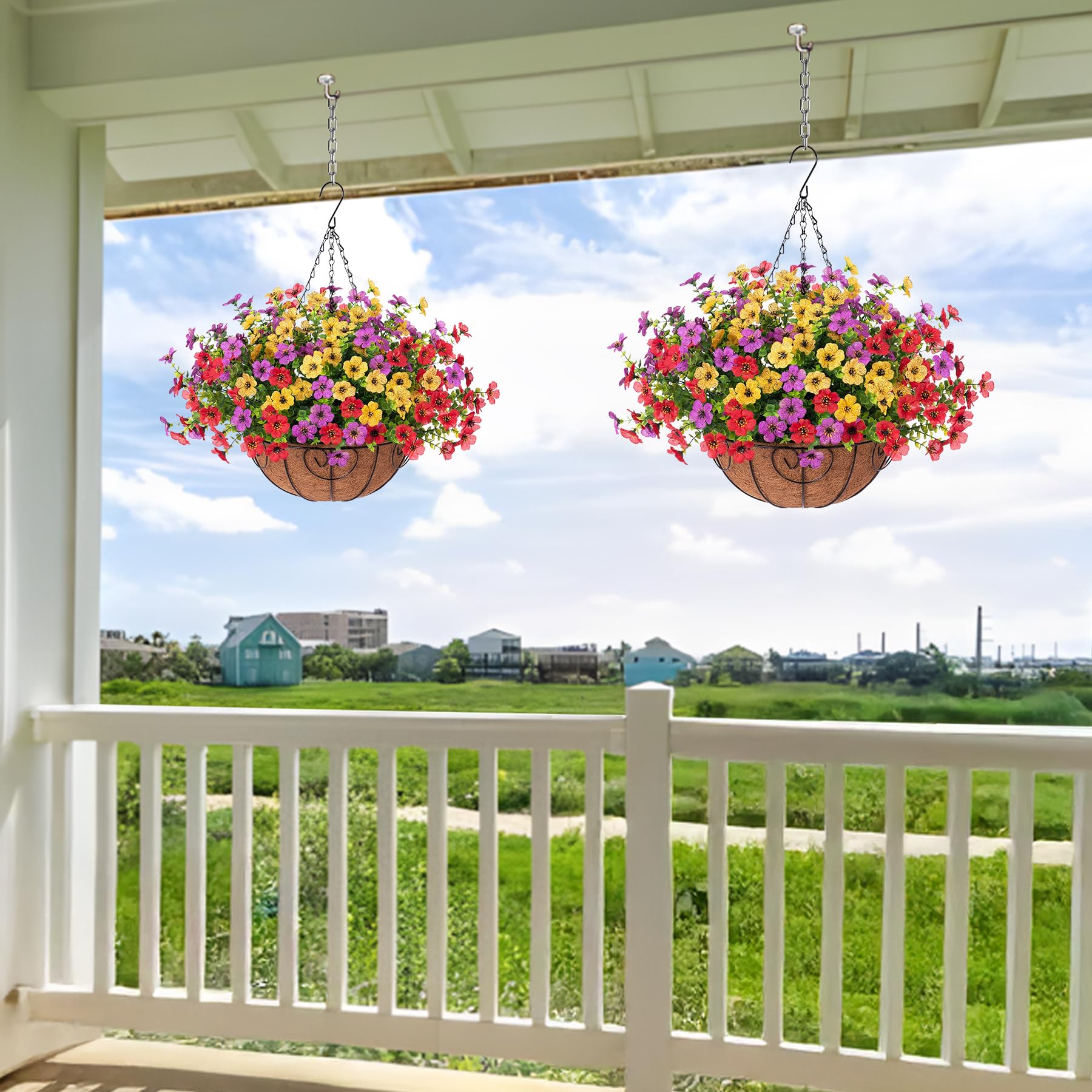 Ammyoo Artificial Faux Hanging Plants Flowers Basket for Spring Outdoor Decoration, Fake Silk Daisy UV Resistant Look Real with Eucalyptus Leaves Summer Outside Decor for Home Patio Garden