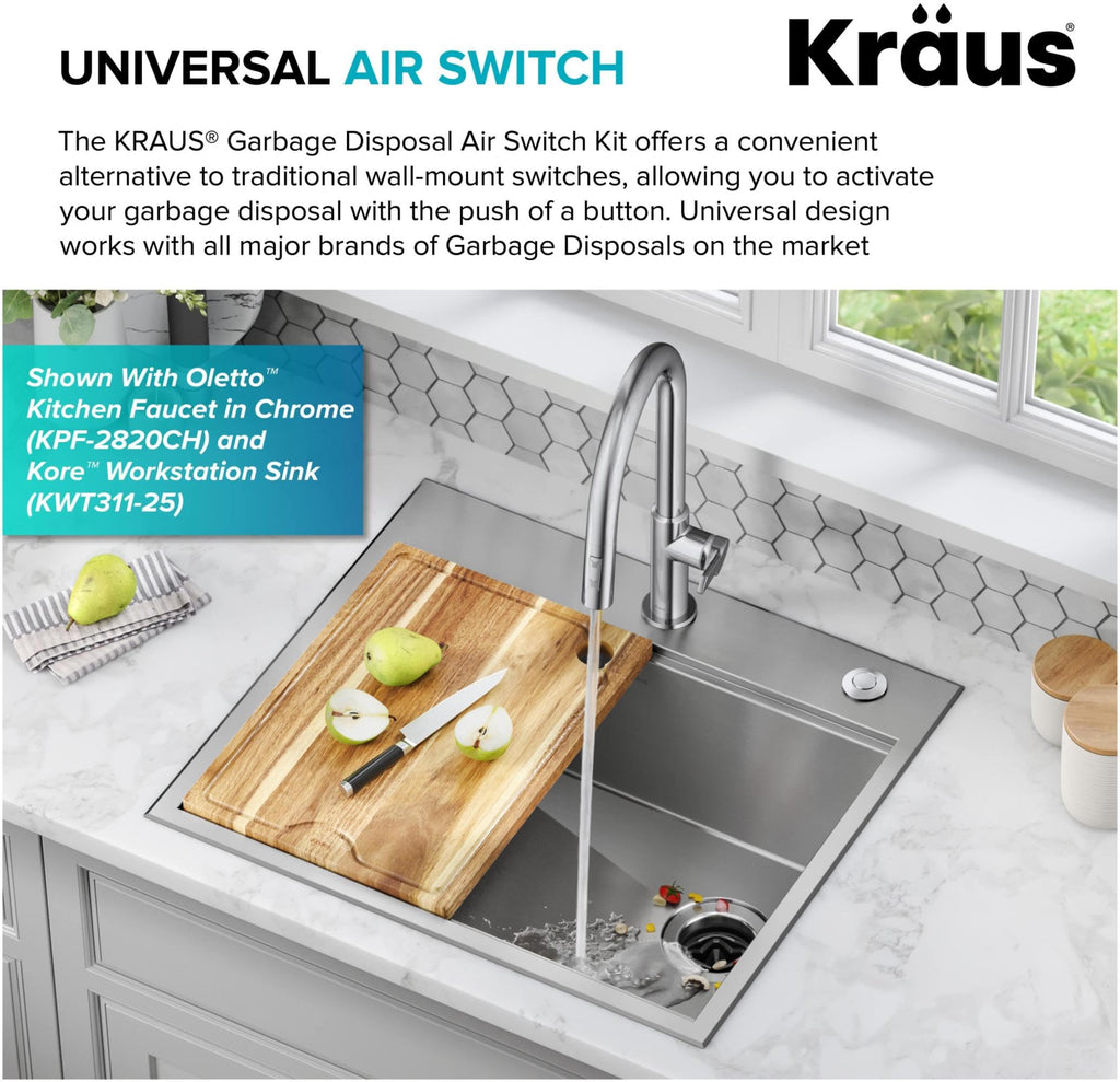 KRAUS Garbage Disposal Air Switch Kit with 2 Flat-Top Push Buttons in in Spot-Free Stainless Steel and Brushed Brass, AC Adapter, Power Cord, and Air Tube Included, KWDA-200BB