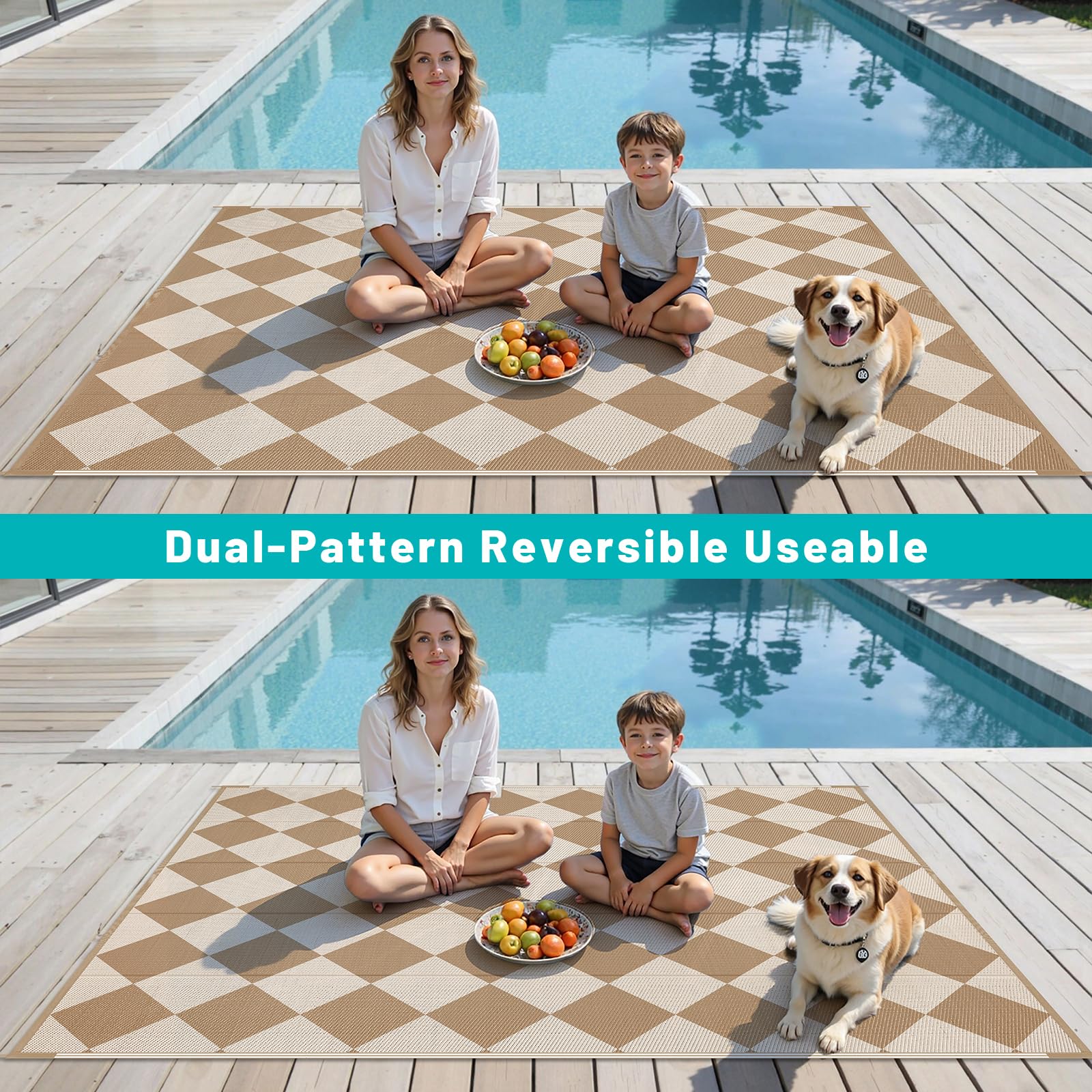 HEBE Checkered Outdoor Rug Waterproof 5x8, Reversible Plastic Straw Rug RV Camping Rug, Indoor Outdoor Patio Mat Clearance, Outside Carpet for Porch,Deck,Camper,Balcony,Backyard,Picnic