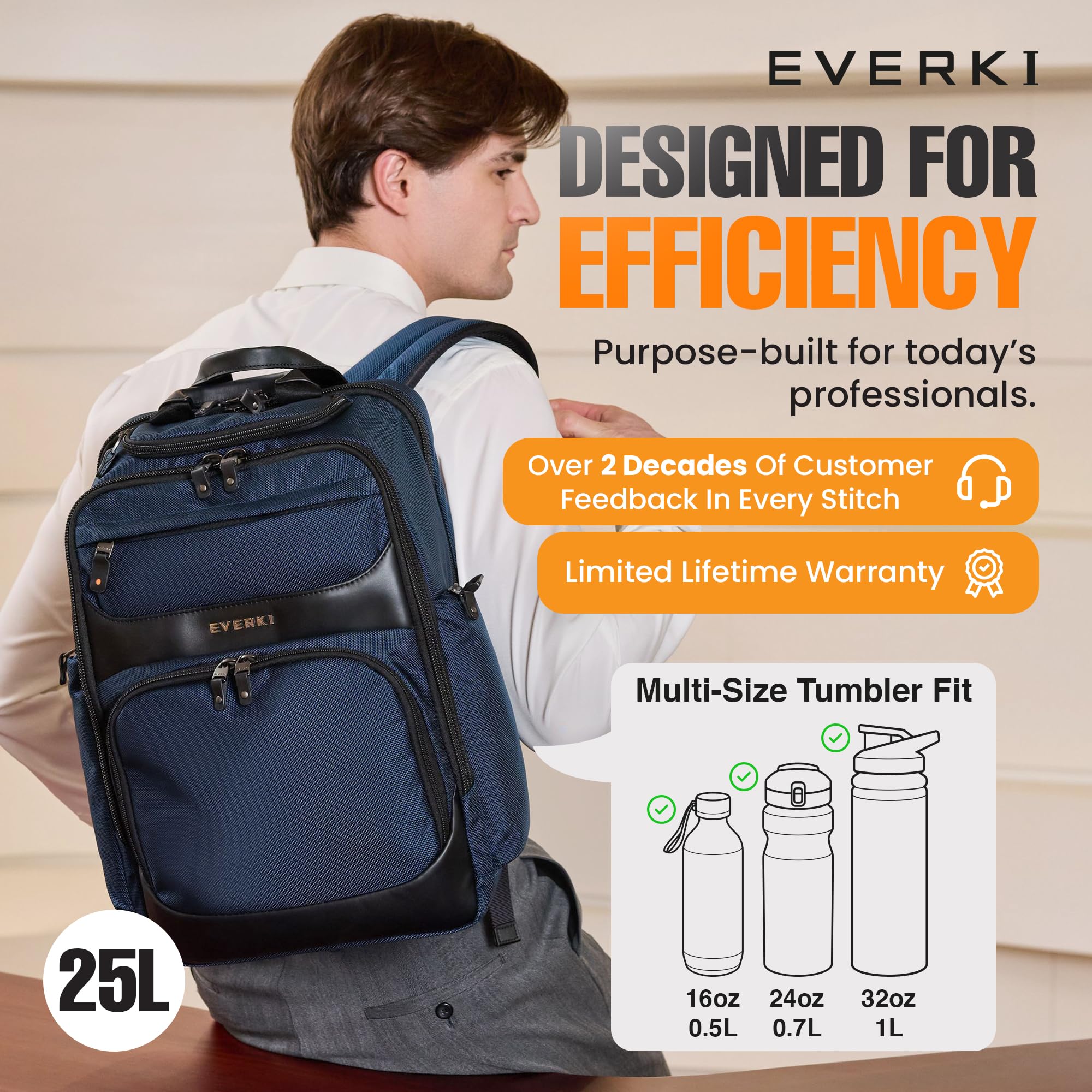 EVERKI Onyx 25L Business Laptop Backpack – Professional Travel Backpack for Men & Women, Laptop Bag with Premium Leather Ballistic & Nylon, Office & Flight Approved, Fits Laptops up to 15.6” - Black