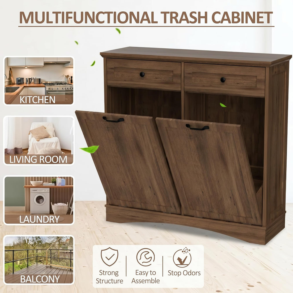 AHB Double Tilt Out Trash Can Cabinet Freestanding Kitchen Trash Can, 2x13 Gallons Hidden Garbage Recycling Cabinet with Hideaway Drawers Pet Proof Trash Can Holder for Kitchen, Antique White