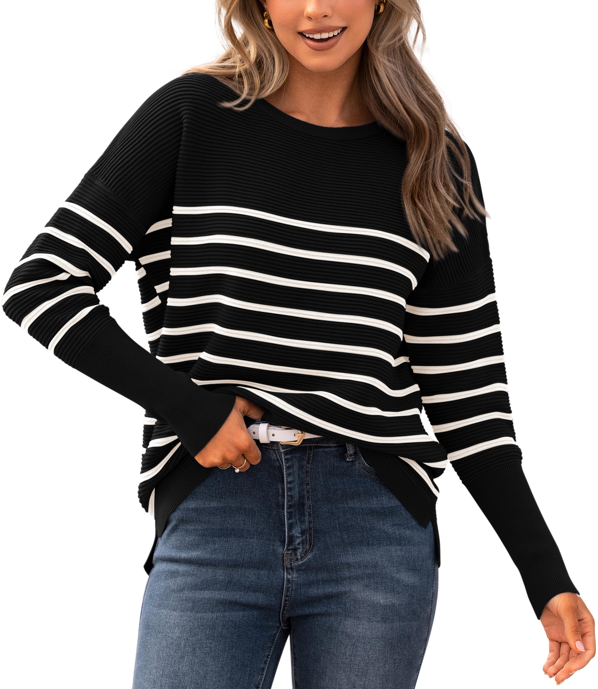 BTFBM Fall Sweaters for Women 2026 Casual Long Sleeve Sweater Striped Loose Fit Pullover Tops