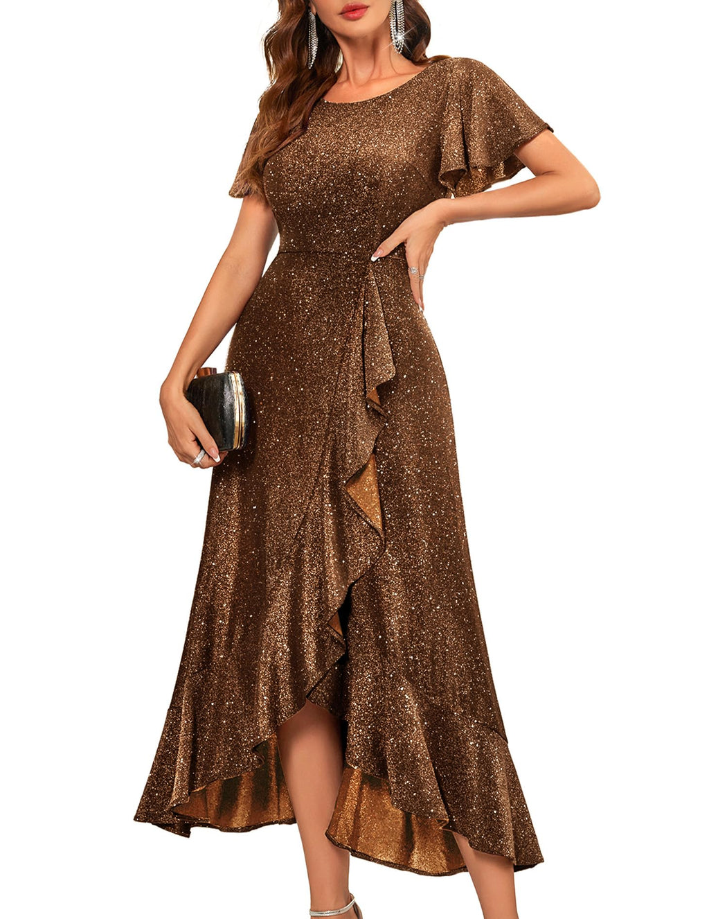 BeryLove Women Sequin Formal Party Dress Flutter Short Sleeve Wedding Cocktail Long Evening Dress