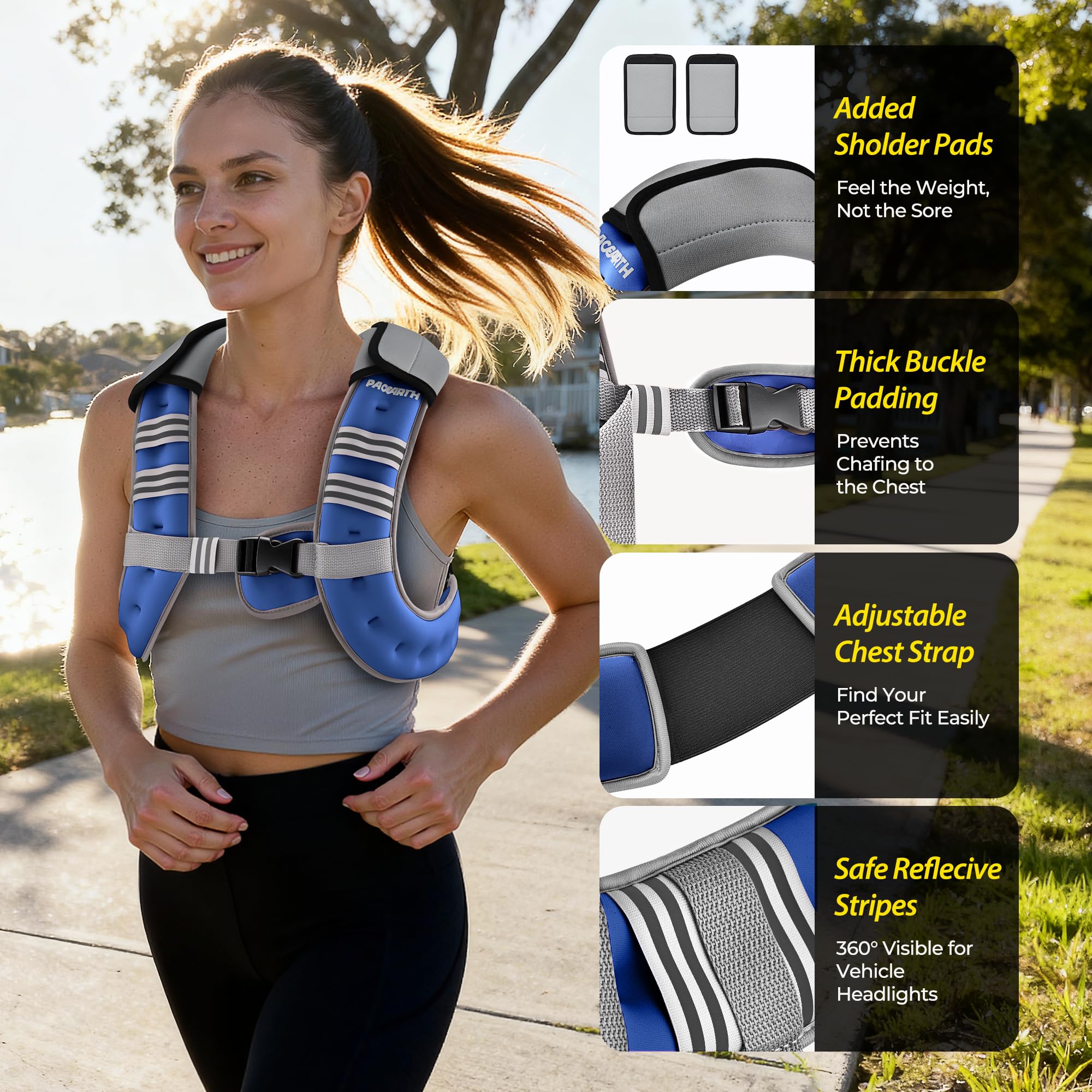 PACEARTH Weighted Vest,6lb/8lb/10lb/12lb/16lb/20lb/25lb/30lb Weight Vest with Reflective Stripe, Body Weight Vests for Women, Men, Weight Loss Workout, Strength Training, Running, Walking, Jogging