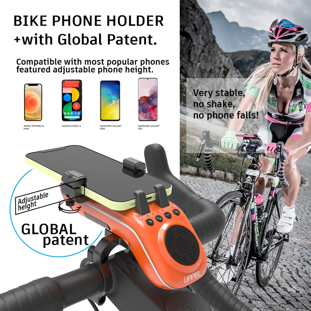 UPPEL Bluetooth Speaker Bicycle, Multifunctional Bike Phone Holder 10-in-1- LED Light - Bike Horn - Microphone - Ideal for Road & Mountain Bike (Black)