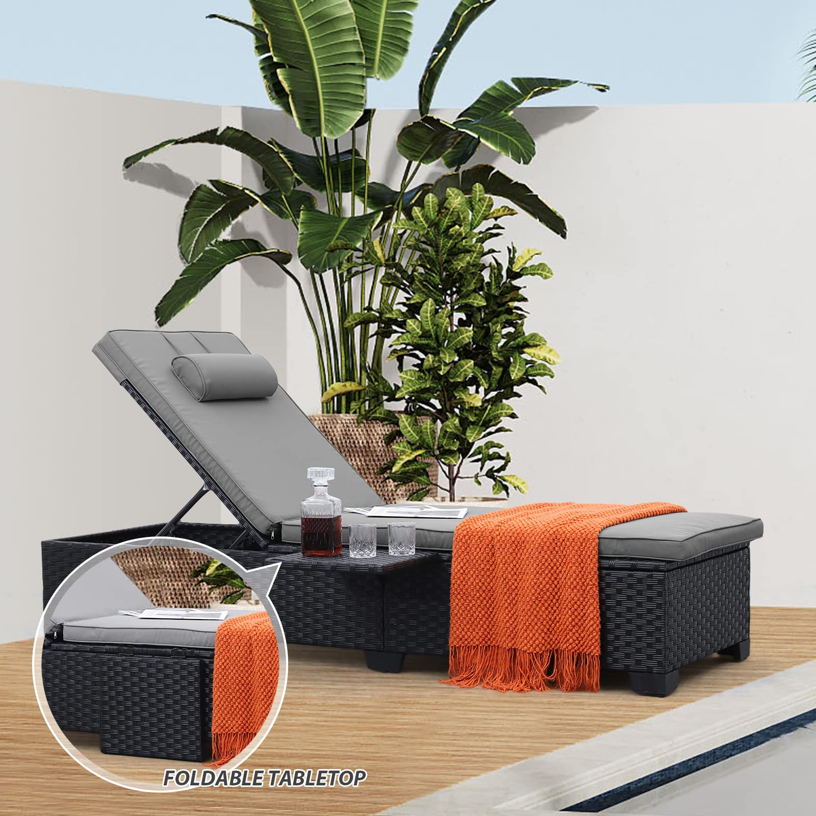 WAROOM Outdoor Chaise Lounge Chairs for Outside Patio Furniture Set of 2 Wicker Recliner Black Rattan Sunbathing Lounger Adjustable Backrest Pool Reclining Chair, Navy Blue Cushion