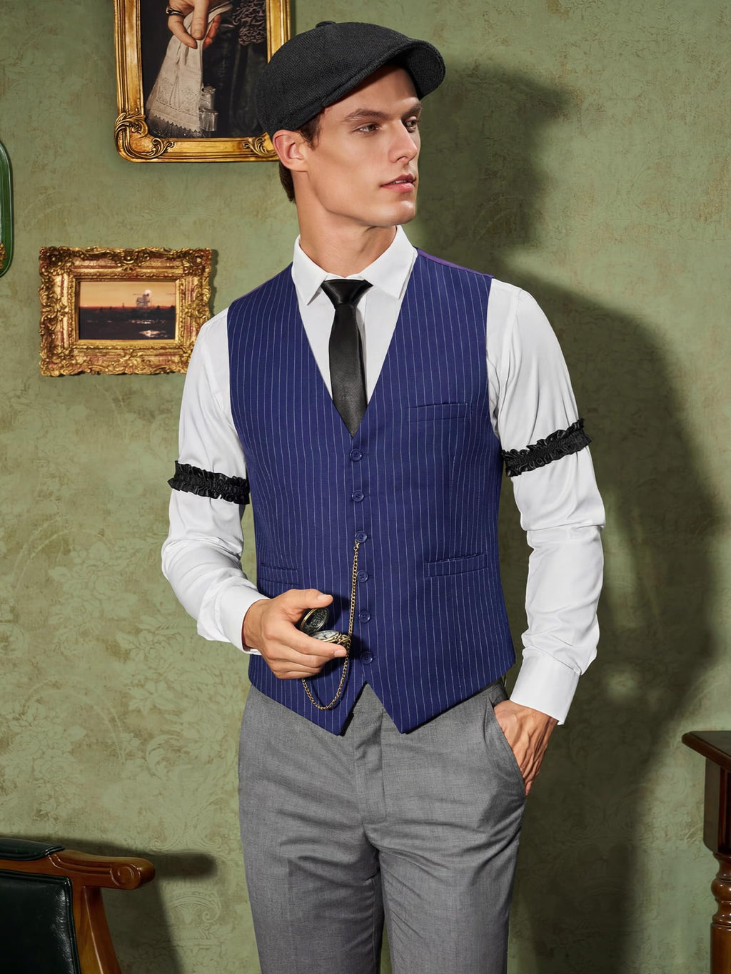 YESSA 1920s Mens Costume,Roaring 20s Costumes for Men,Gatsby Costume Men,1920s Mens Outfit Hat Vest Pocket Watch Tie