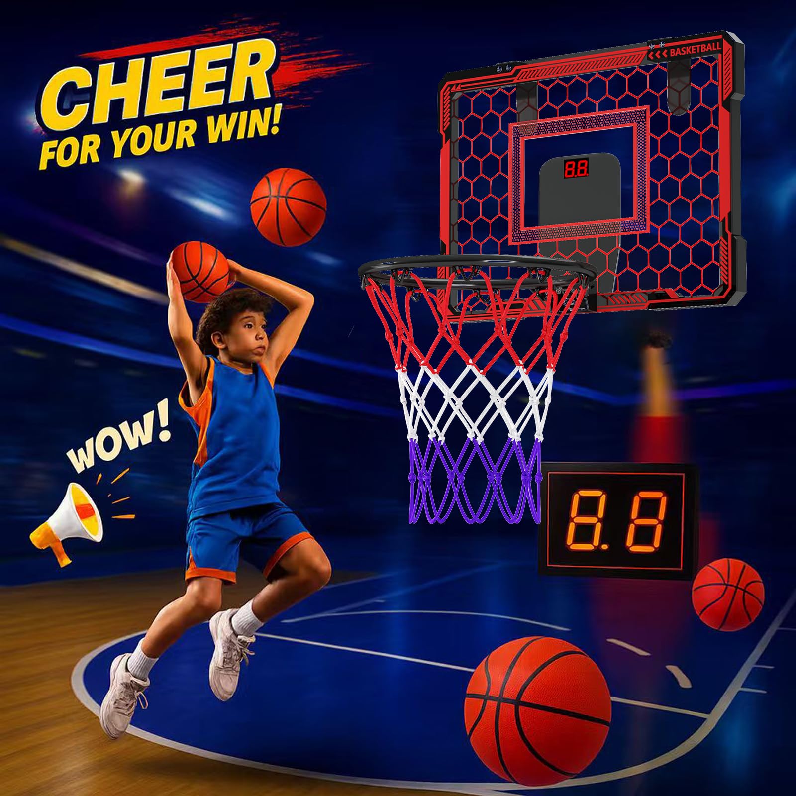 Molutsody Over The Door Basketball Hoop, for Kids (Blue) | Mini Hoop with LED Light & Scoreboard. Includes 3 Balls & Air Pump. Gifts for 4-12 Year Old Boys Girls