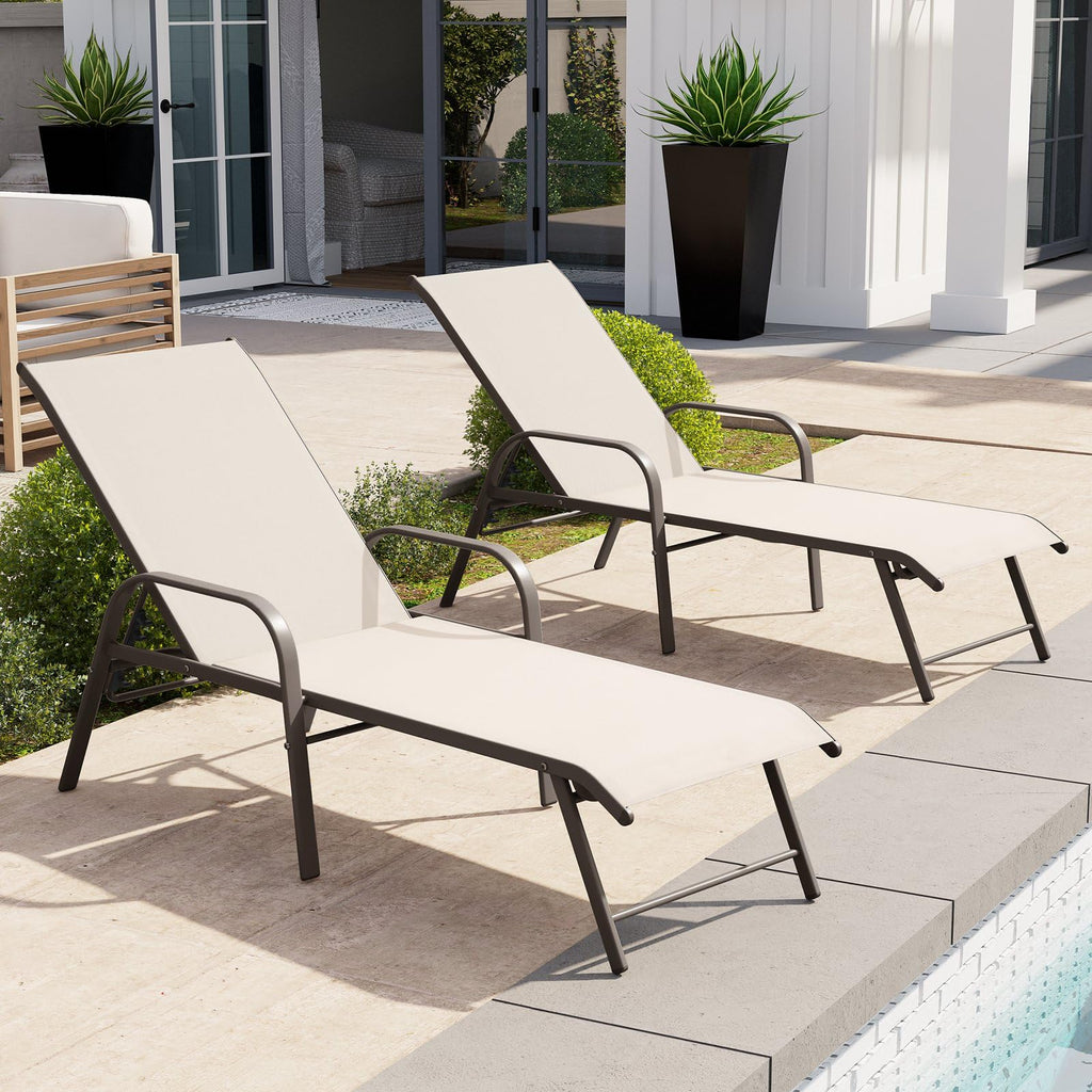 Crestlive Products Chaise Lounge Chair Outdoor with Armrests, Pool Lounge Chairs Set of 2, Aluminum Adjustable 5 Positions Sun Tanning Lounger for Patio, Poolside, Yard, Deck, Backyard (Beige)