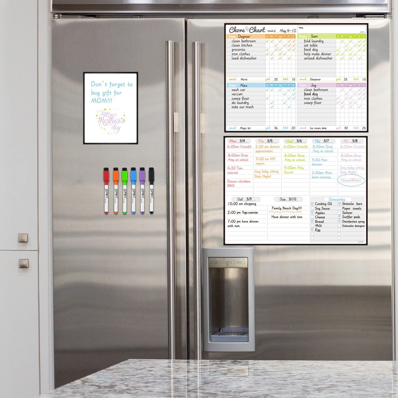JJPRO Magnetic Dry Erase Chore Chart Set for Fridge-Used for Multiple Kids-One Chore Chart and Two Bonus Dry Erase Pad/Grocery Boards-Behavior Chart for Multiple Kids