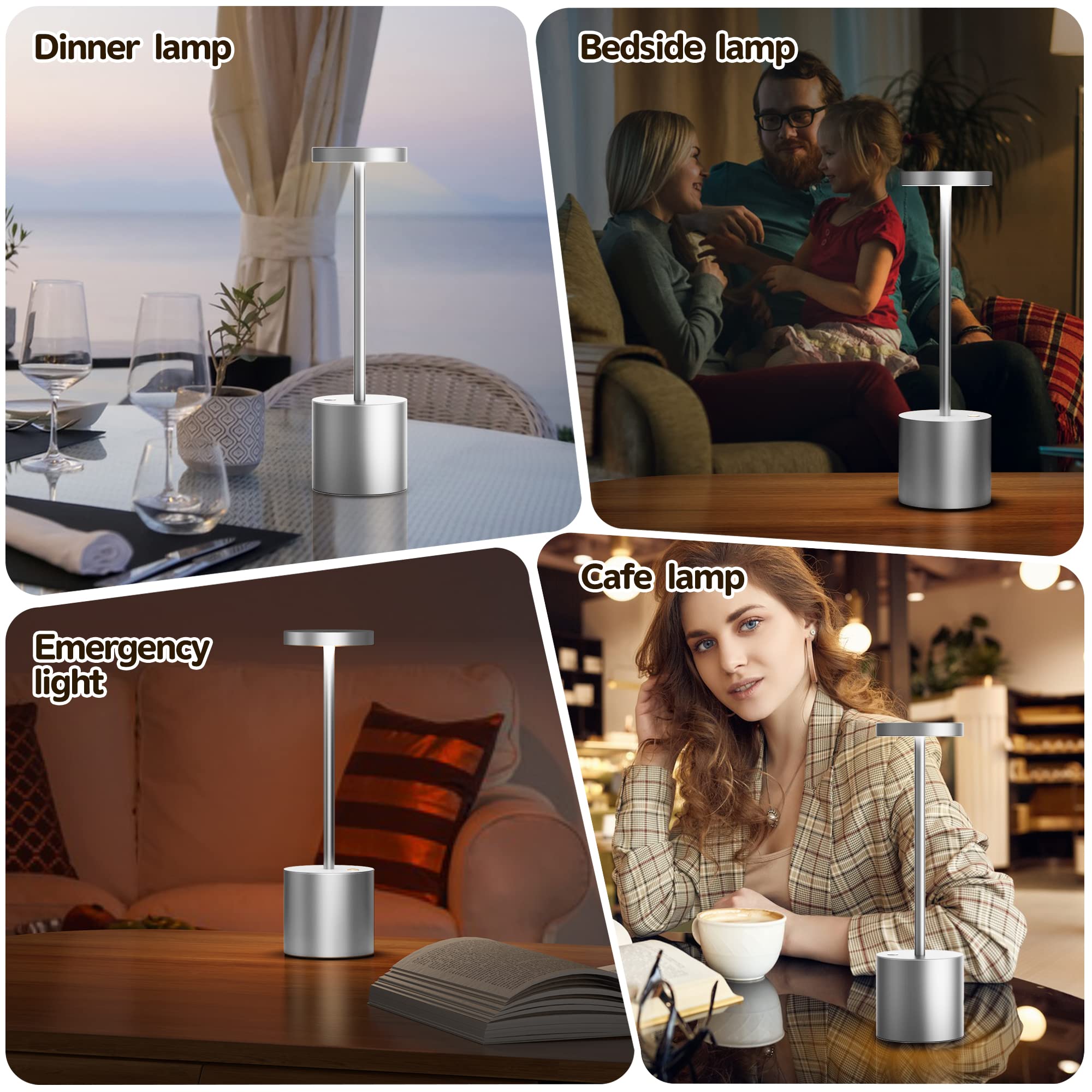 2Pack Cordless Table Lamp, Rechargeable LED Battery 5000mAh Metal USB Portable Powered Desk Lamp, 3 Levels Brightness Light for Restaurants Outdoor (2pack 10.25in Titanium)
