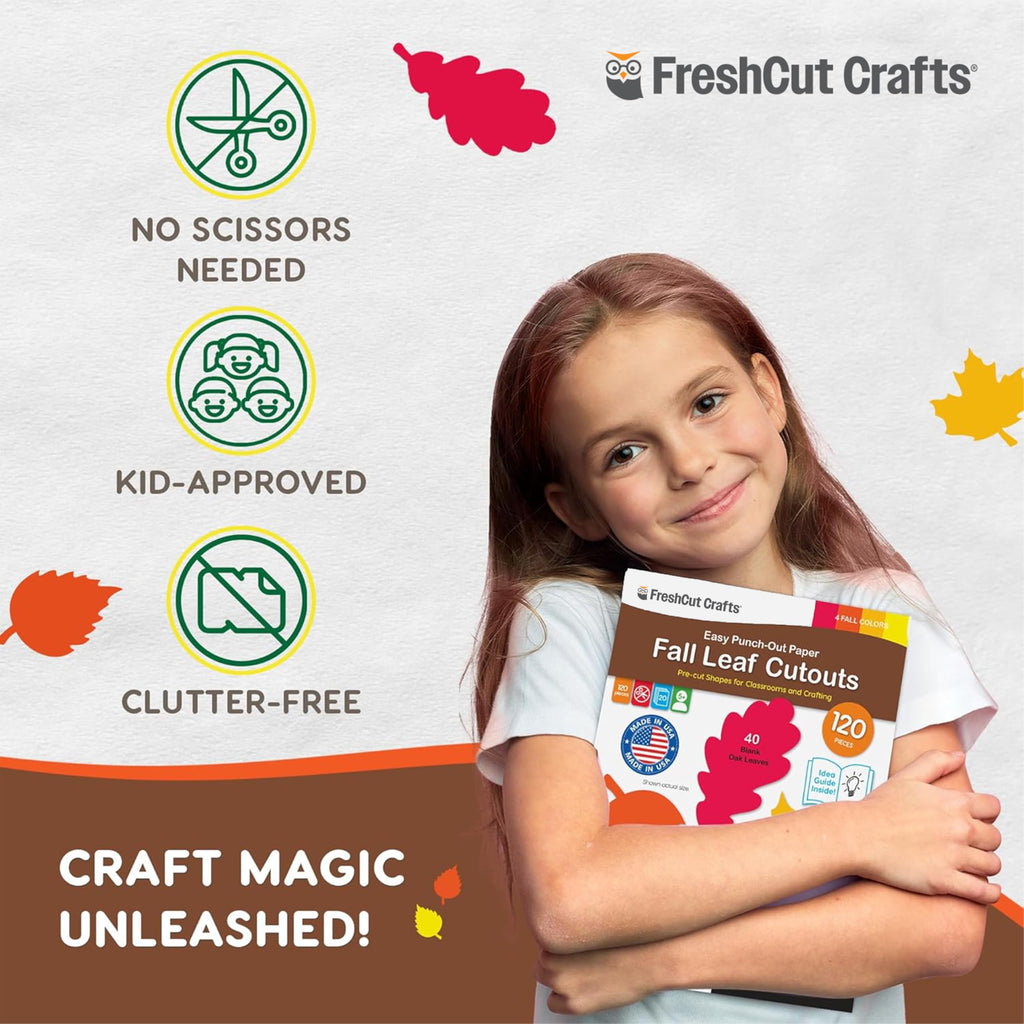 120 Pieces Fall Leaf Paper Cutouts with IDEA Guide, 2-Sided US Made Card Stock Punch Out Maple, Oak, and Birch Leaves for Bulletin Boards, Classroom Decor, Autumn Crafts, DIY Scrapbook, and Posters