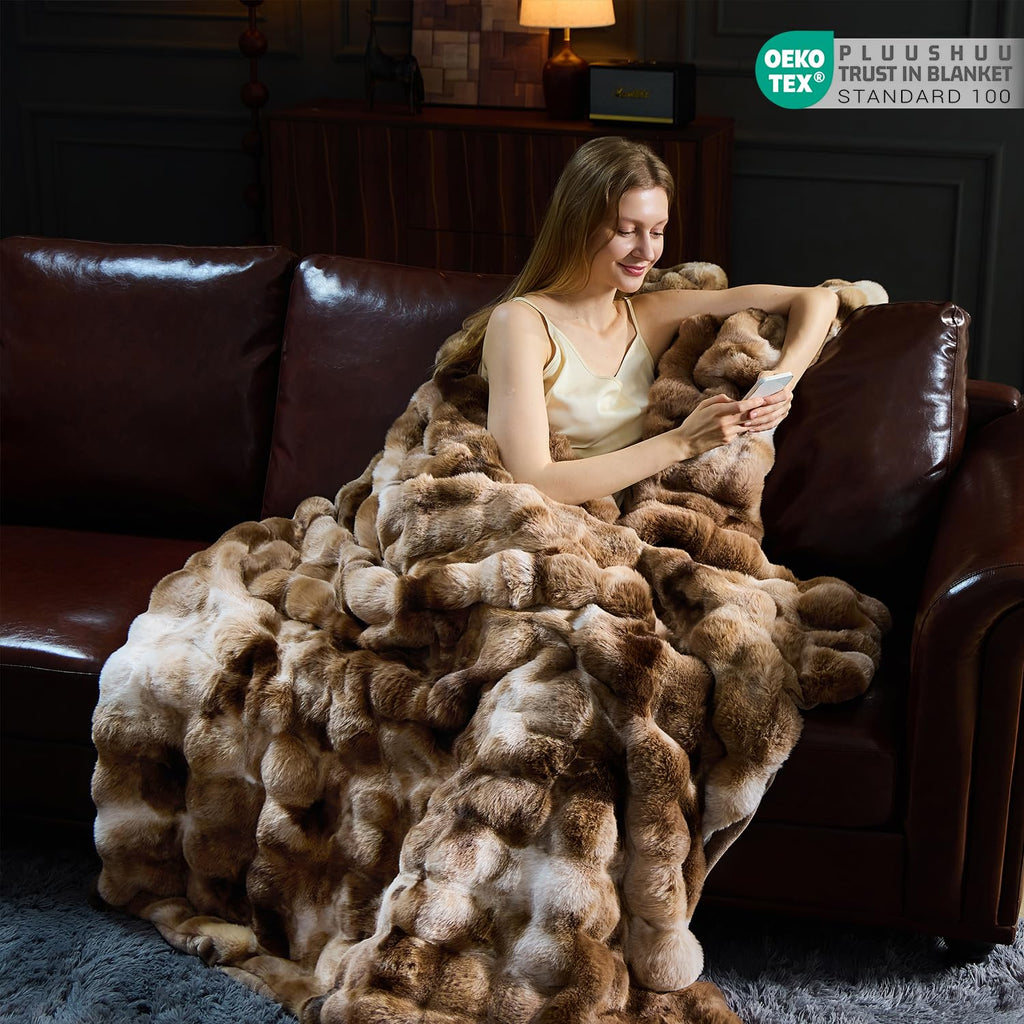 Faux Fur Throw Blanket for Couch, Fluffy Fuzzy Plush Bubble Blanket, Soft Warm Cozy Shaggy Rabbit Blanket, Luxury Decorative Gifts for Sofa Bedroom Living Room, 60x50inch (Beige)