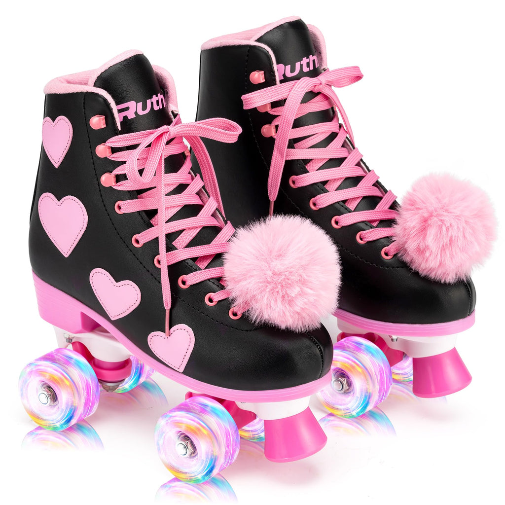 Ruthfot Women's and Girl's Classic Roller Skates with Light up Wheels and Love Heart Pattern, High-top PU Leather Rollerskates…