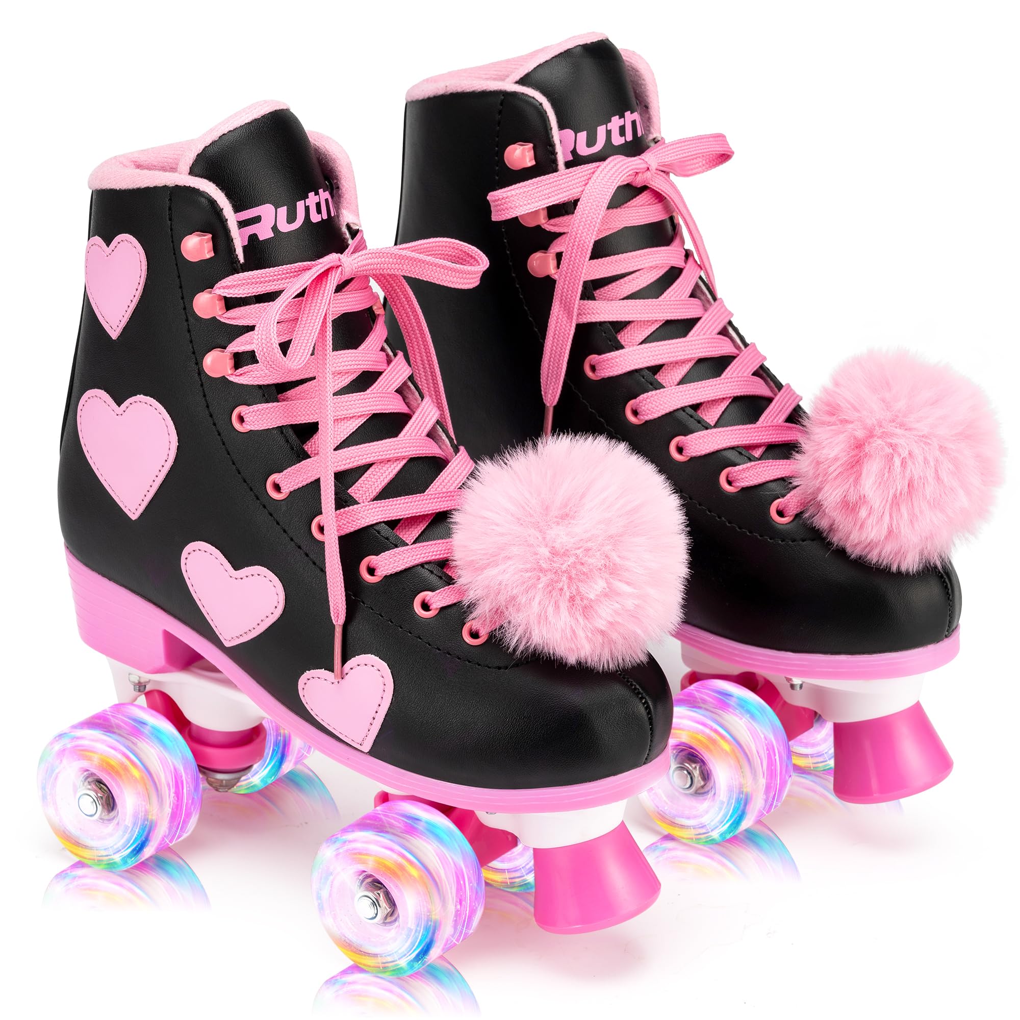 Ruthfot Women's and Girl's Classic Roller Skates with Light up Wheels and Love Heart Pattern, High-top PU Leather Rollerskates…