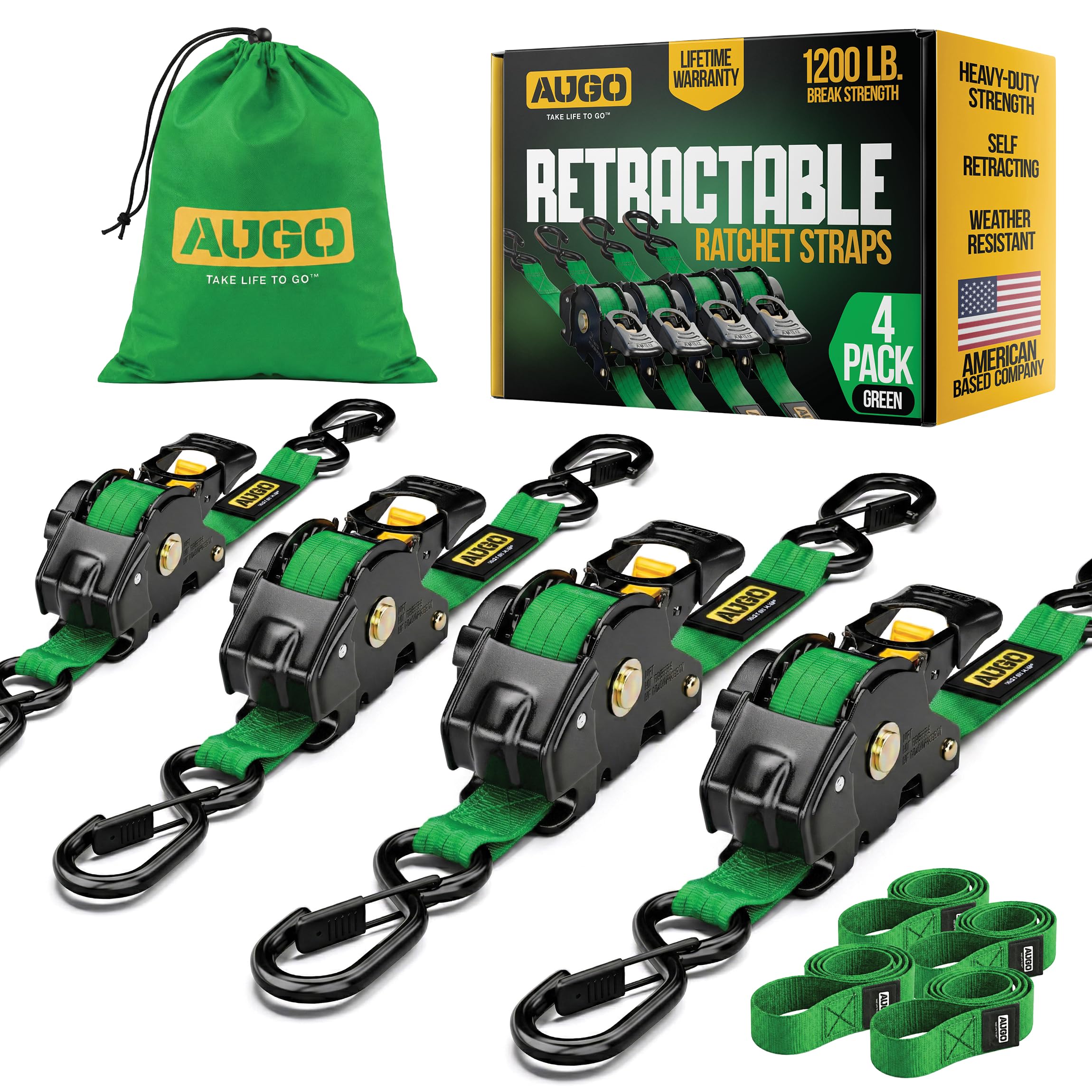 AUGO Retractable Ratchet Straps | 2 Heavy Duty Ratchet Straps Self Retractable Tie Downs with Soft Loops & Storage Bag for Motorcycle, Truck, Trailer, Cargo Van | 1200 Lb Break Strength 1” x 10’