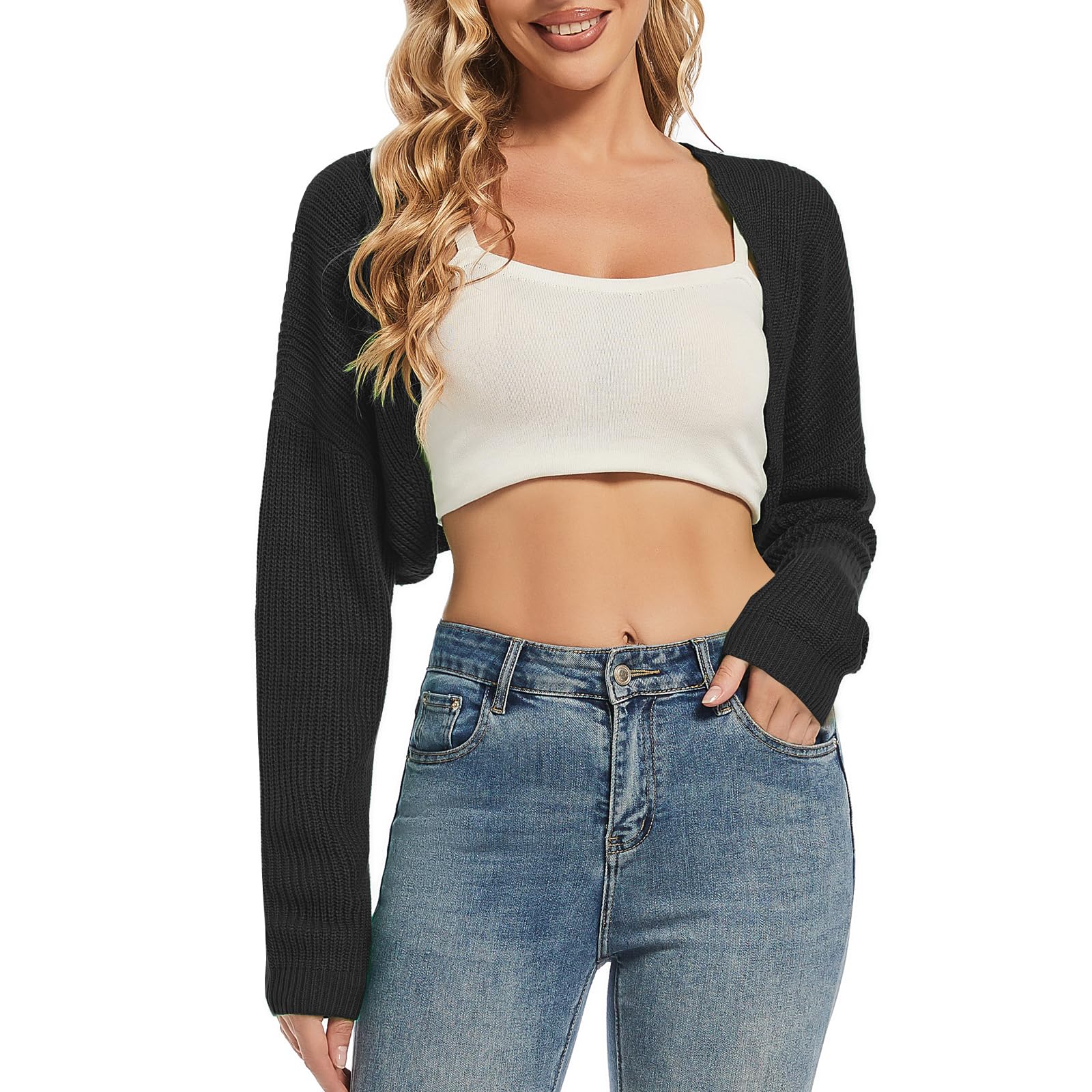 Women's Cardigan Shrugs Long Sleeve Knit Cropped Bolero Shrug Open Front Casual Cardigans for Dresses