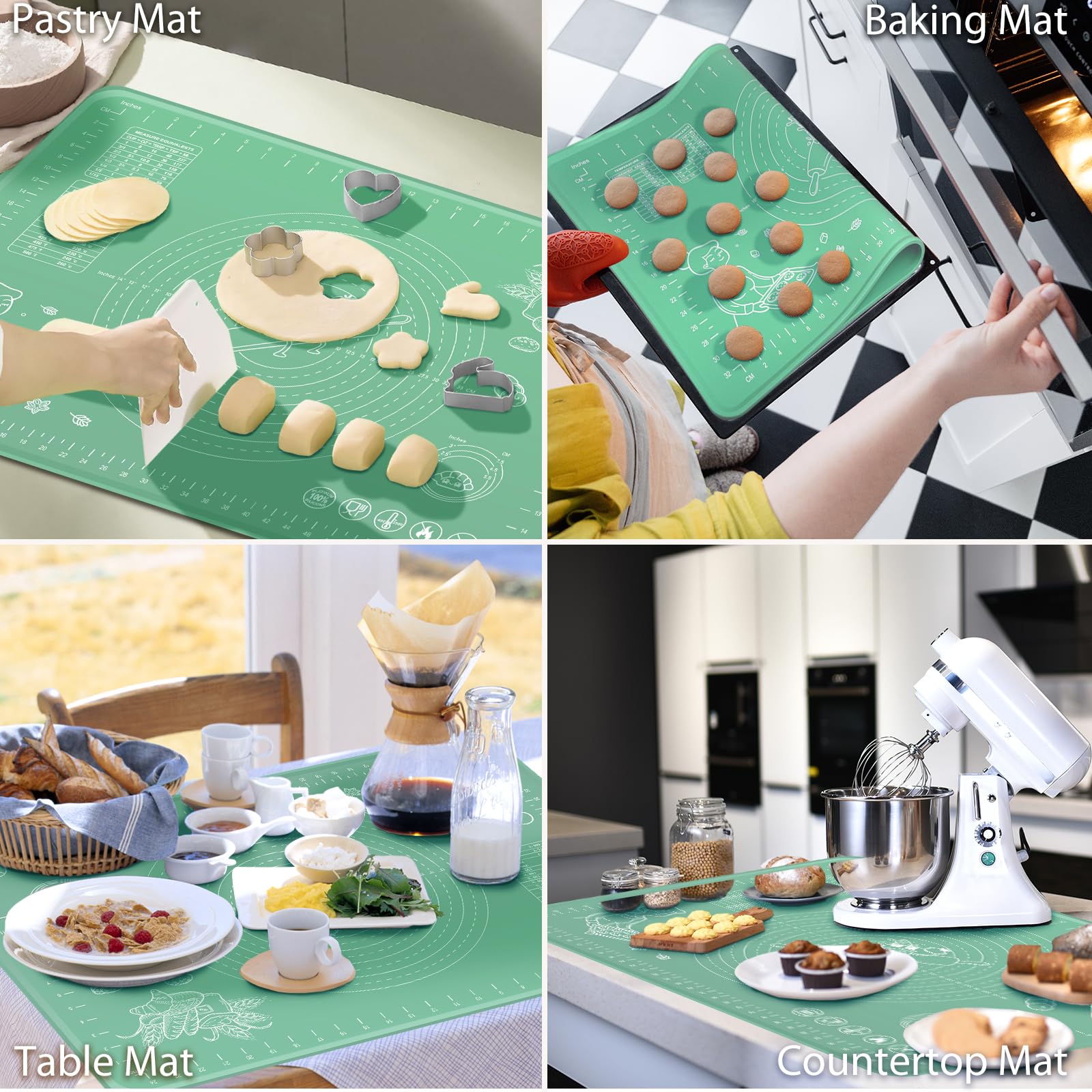 Silicone Baking Mat 24" x 16" Extra Thick Non-stick Pastry Mat with Measurements and Edge Heightening, Food Grade Silicone for Countertop Dough Rolling Making Bread, Cookies, Pizza, Fondant, Pasta