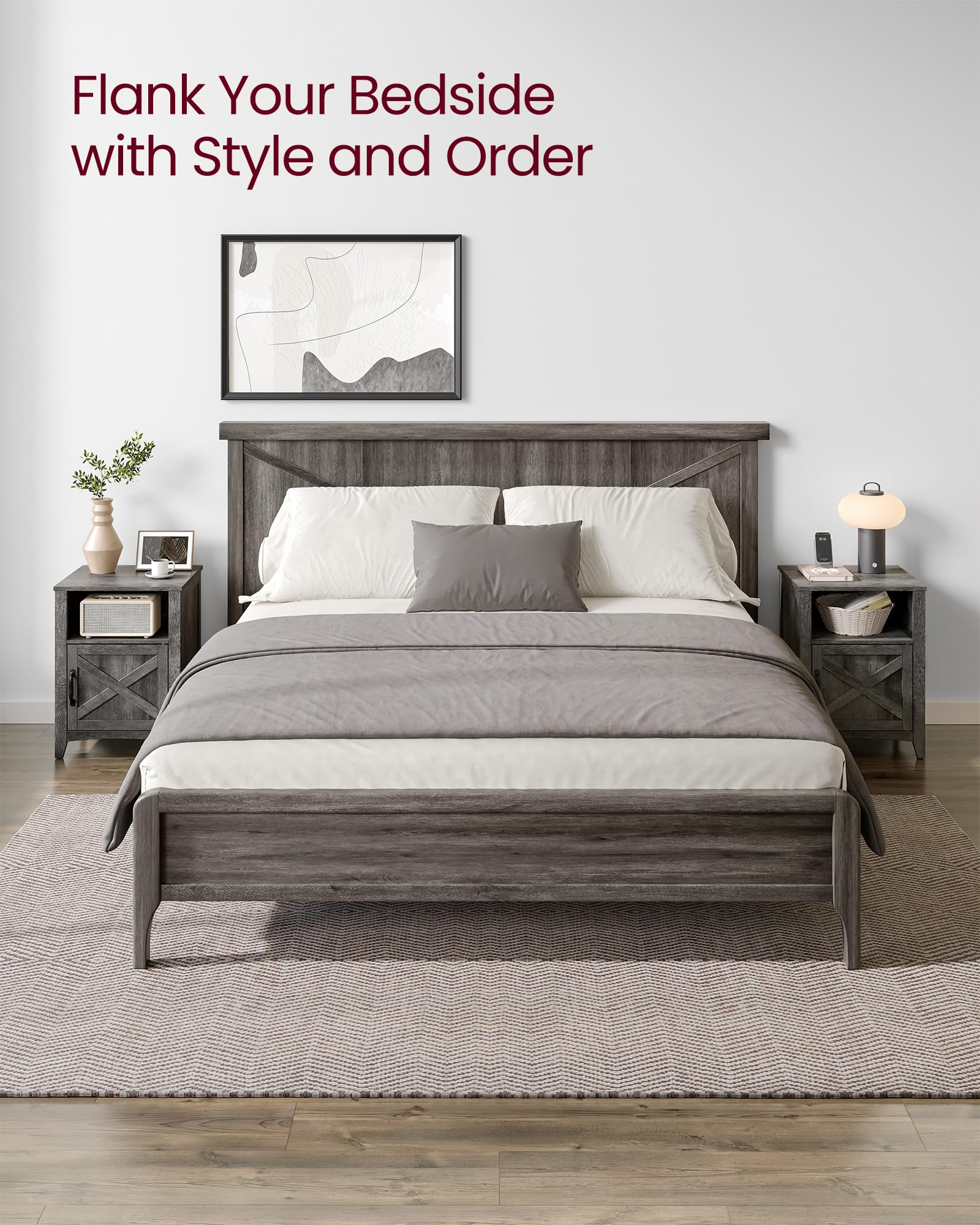 VASAGLE LIRY Collection - Farmhouse Nightstand with Barn Door, Bedside Table with Storage, Side End Table, Night Stand, Open Compartment, for Bedroom, Misty Gray ULET609G68