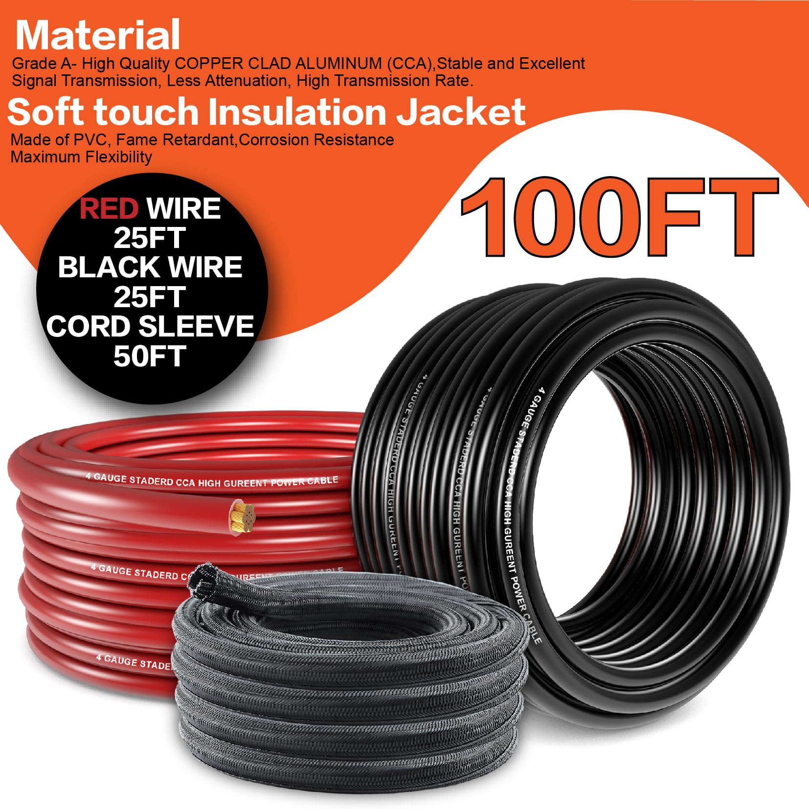 4 Gauge Wire (50ft Each - Red/Black) Copper Clad Aluminum CCA with Cable Cutter,Lugs Terminal Connectors and Heat Shrink Tube - Battery Power/Ground Cable,Car Audio Speaker,RV Trailer Amp Wiring kit