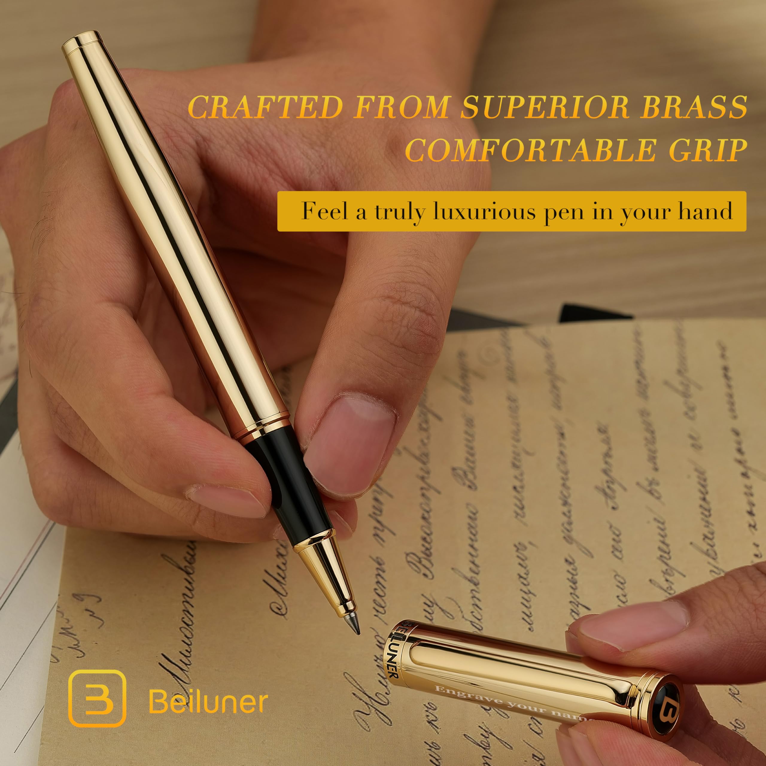 BEILUNER Luxury Rollerball Pen,24K Gold Trim,Noble and Elegant Designs,Schneider Ink Refill, Best Roller Ball Pen Gift Set for Men & Women, Professional, Executive Office, Nice Pens