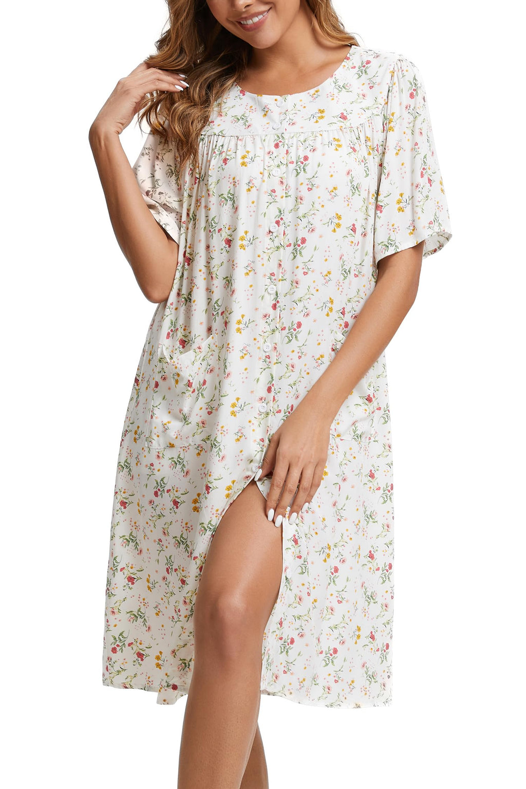 COSUNIONY House Dresses for Women Cotton Short Sleeve House Coat Buttons Down Dusters Robe with Pockets S-XXL