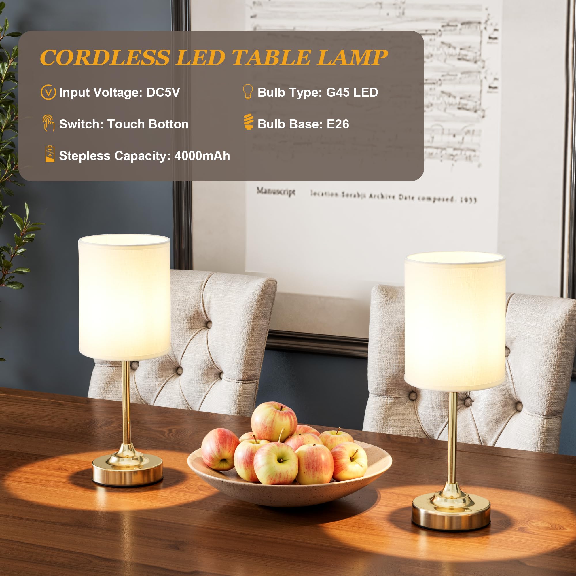 Touch Control Cordlss Table Lamp, USB-C Rechargeable Lamp with Stepless Dimming, 4000mAh Battery Operated Bedside Lamp for Bedroom, Living Room, Night Light & Emergency Lighting, Black, 1 Pack