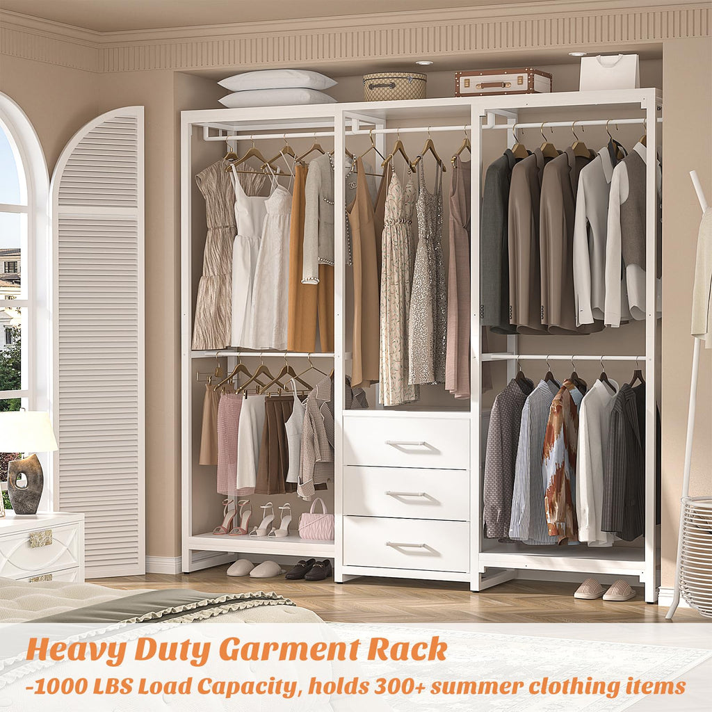 Aheaplus Garment Rack Heavy Duty Clothes Rack for Hanging Clothes,Clothing Rack with Drawers, Wood Stoarge Shelf Freestanding Closet Wardrobe Rack, Corner L Shaped Closet System Organizers, Grey